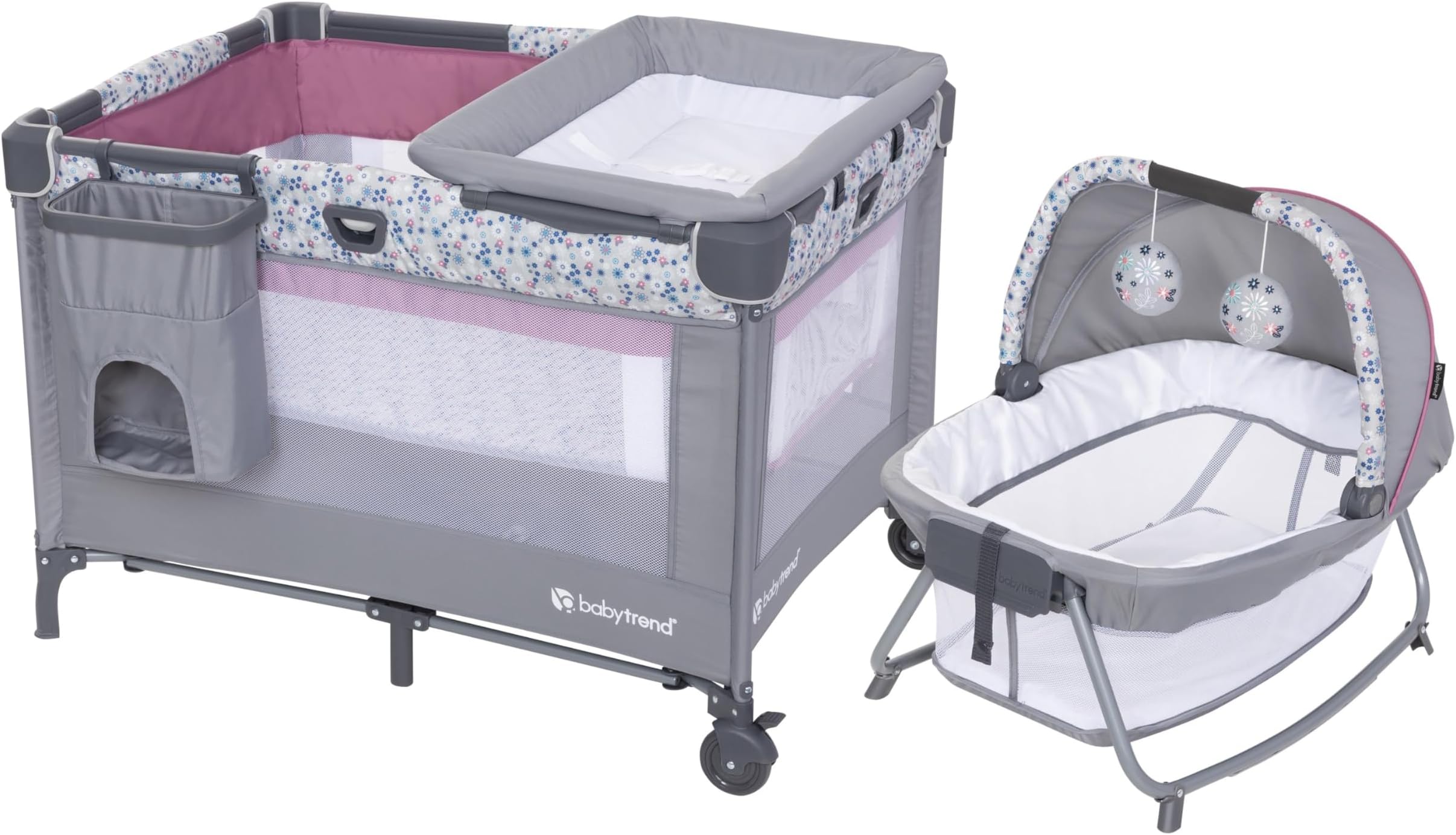 Baby Trend Nursery Den Playard with with Rocking Cradle, Snooze Pod, Flip Over Changer, Daisy Pink