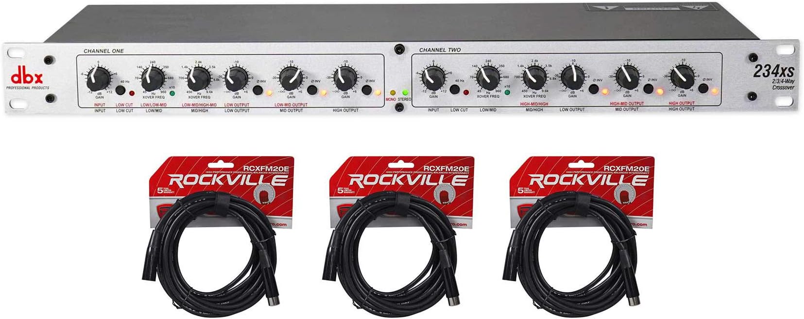 DBX 234XS Professional Crossover with 2, 3, or 4 Way Operation and Mono Bundle With (3) Rockville RCXFM20E-B 20 Foot Female to Male XLR Mic Cable Black 100% Copper