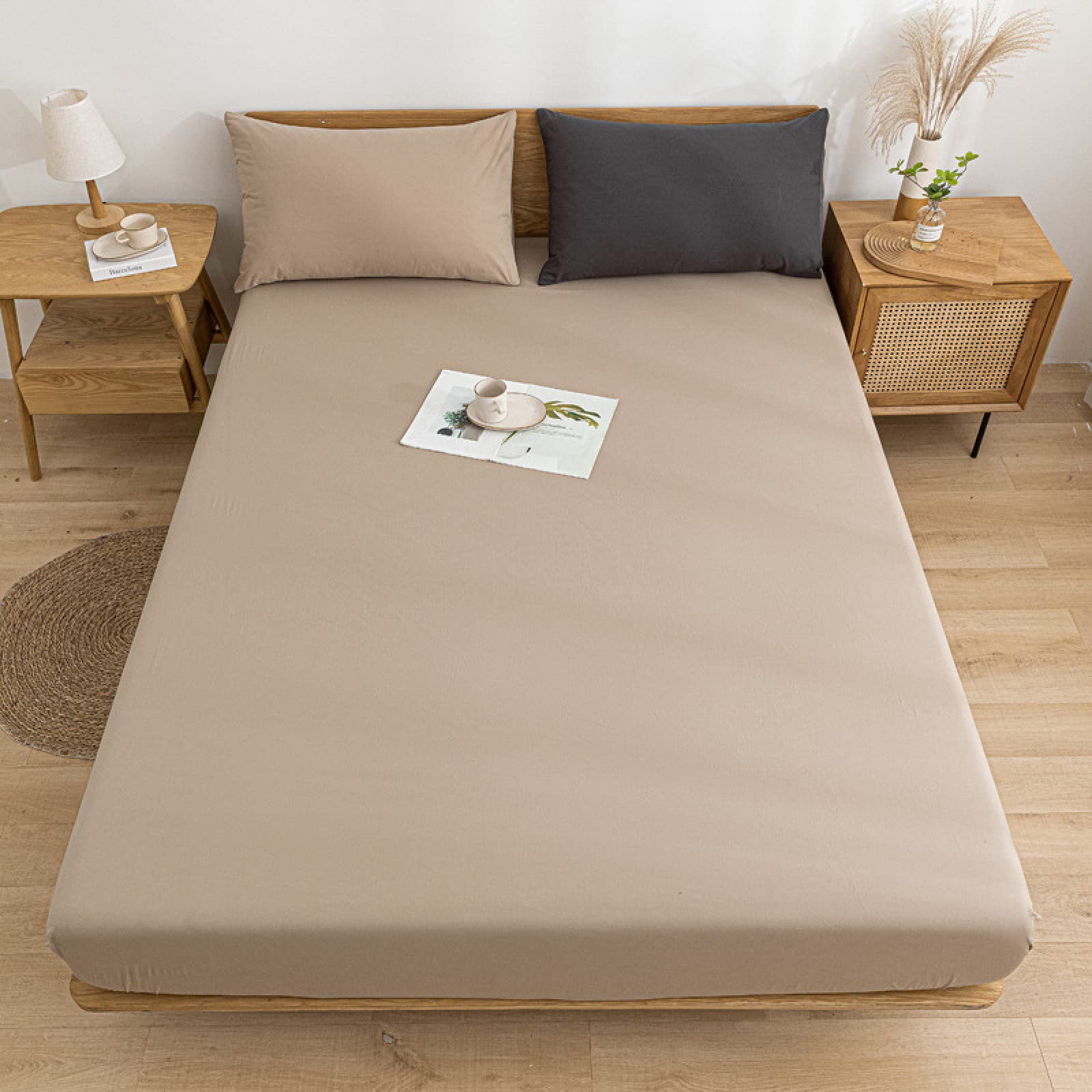 Egyptian Cotton Double Bed Sheet 200 x 220 cm Khaki 100% Jersey Cotton Fitted Sheet with 25 cm Deep Pocket Extra Deep Fitted Sheet for Easy Care