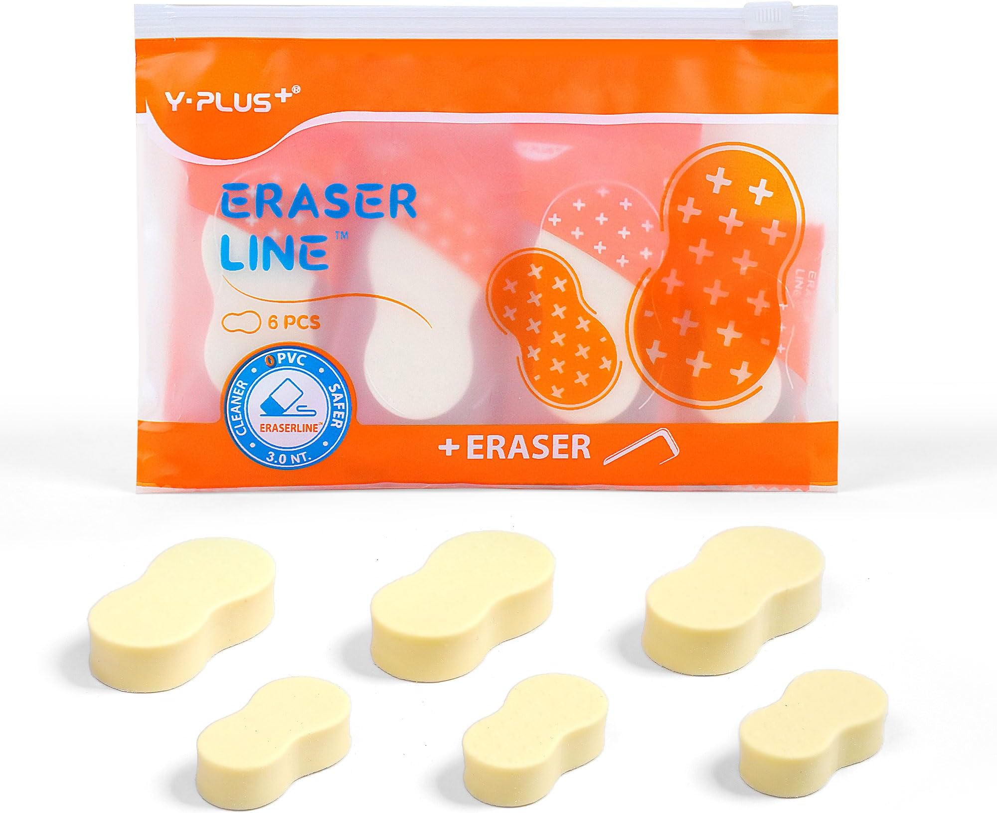 Yplus Eraser Line - Hipolymer Pencil Erasers for School Office, Cute White Rubber Eraser for Kids, Artist No Residues, 6 Pcs
