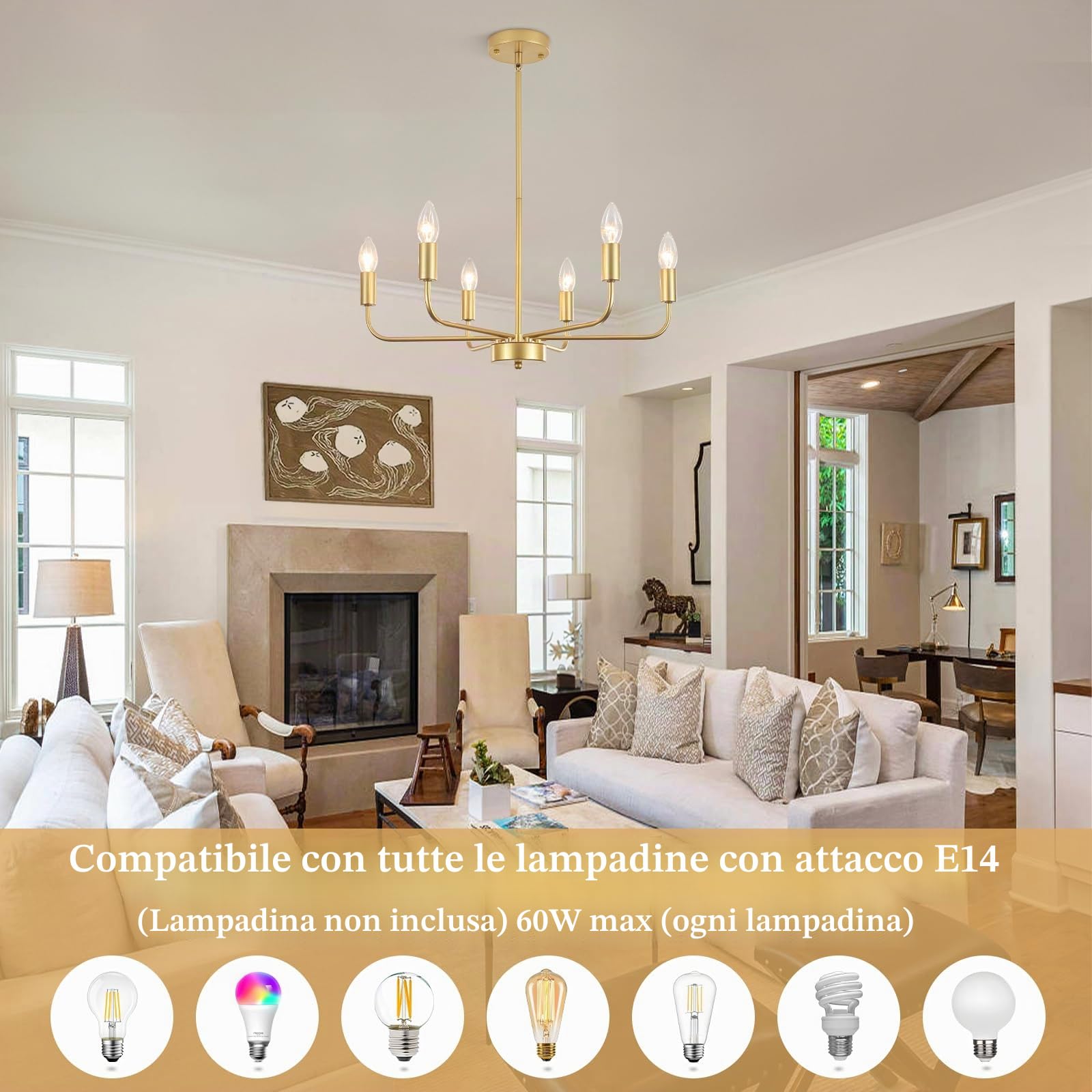 Lampadario Dorato a 6 Luci, Moderni, Lampade da Soffitto per Soggiorno | Lampada a Sospensione Dorata per Sala da Pranzo, Camera Letto, Corridoio, Iingresso, Altezza Regolabile
