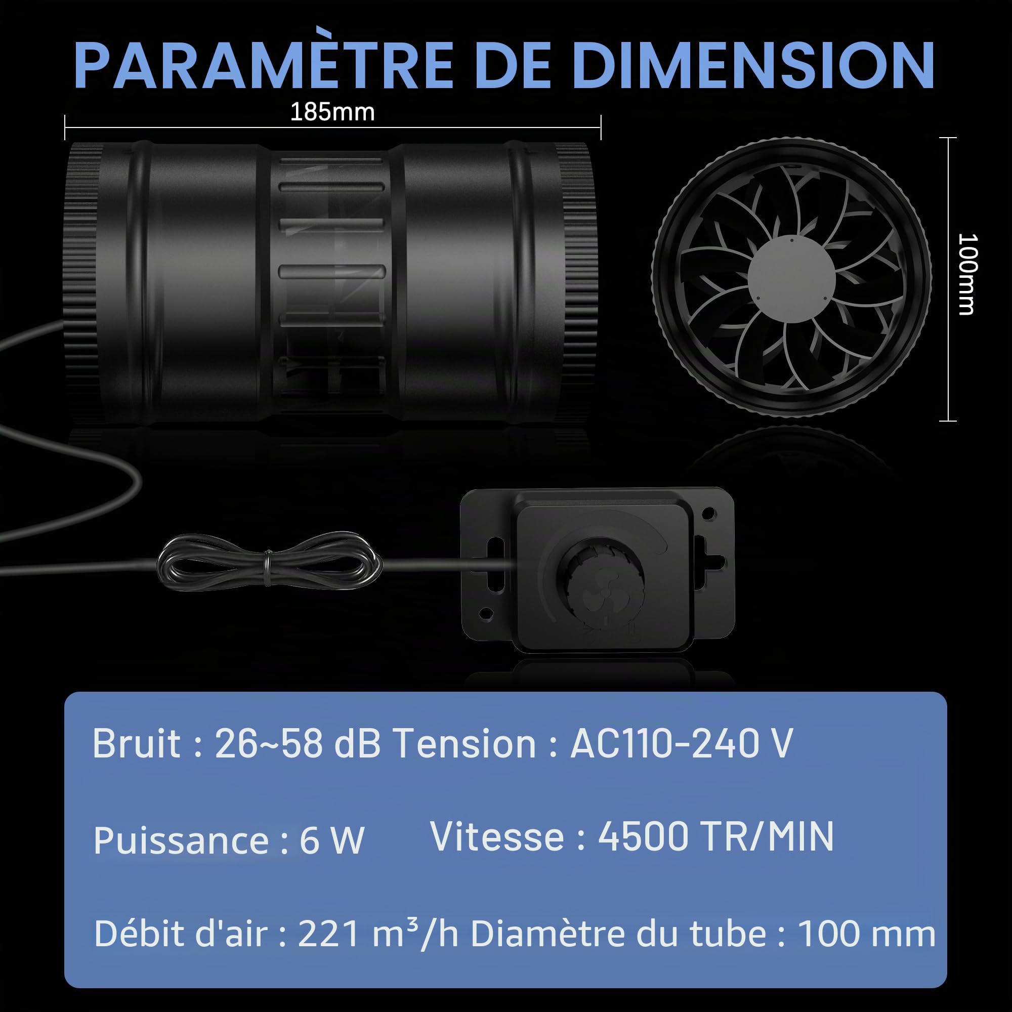 Extracteur d'Air 100 mm, Ventilateur d'Extraction 221 m³/h,EC Moteur Conduit 4500 PRM 6 W Contrôleur de Vitesse,Cave Humide, pour Refroidissement Tentes Croissance Cultures Hydroponiques