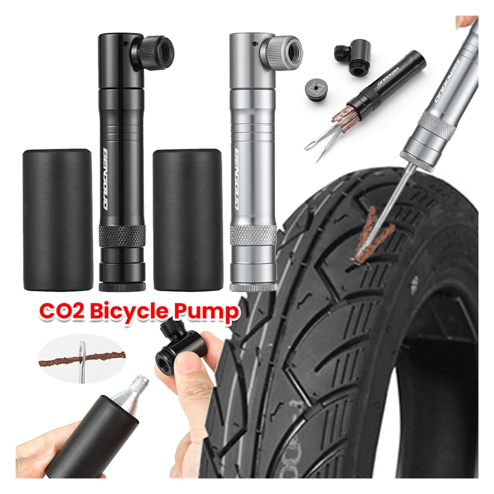 1 Stück CO2-Inflator aus Aluminiumlegierung mit Reifenreparaturset, tragbares Doppelventil for Schrader- und Presta-Fahrradzubehör(Black)