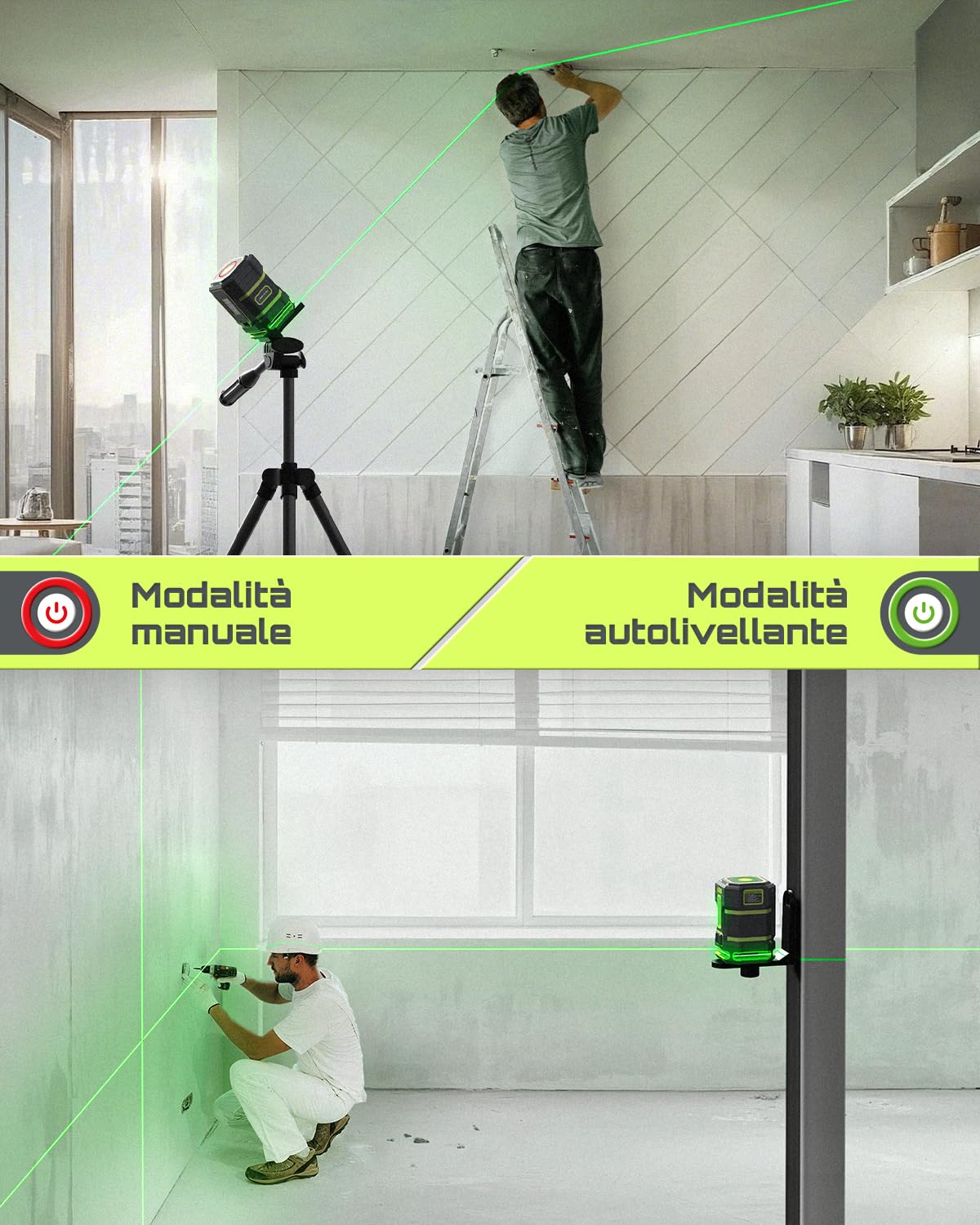 LASGOO Livella laser verde autolivellante, laser orizzontale 360° e linea verticale, 4 livelli di luminosità, modalità impulso, staffa a L, batterie e borsa incluse