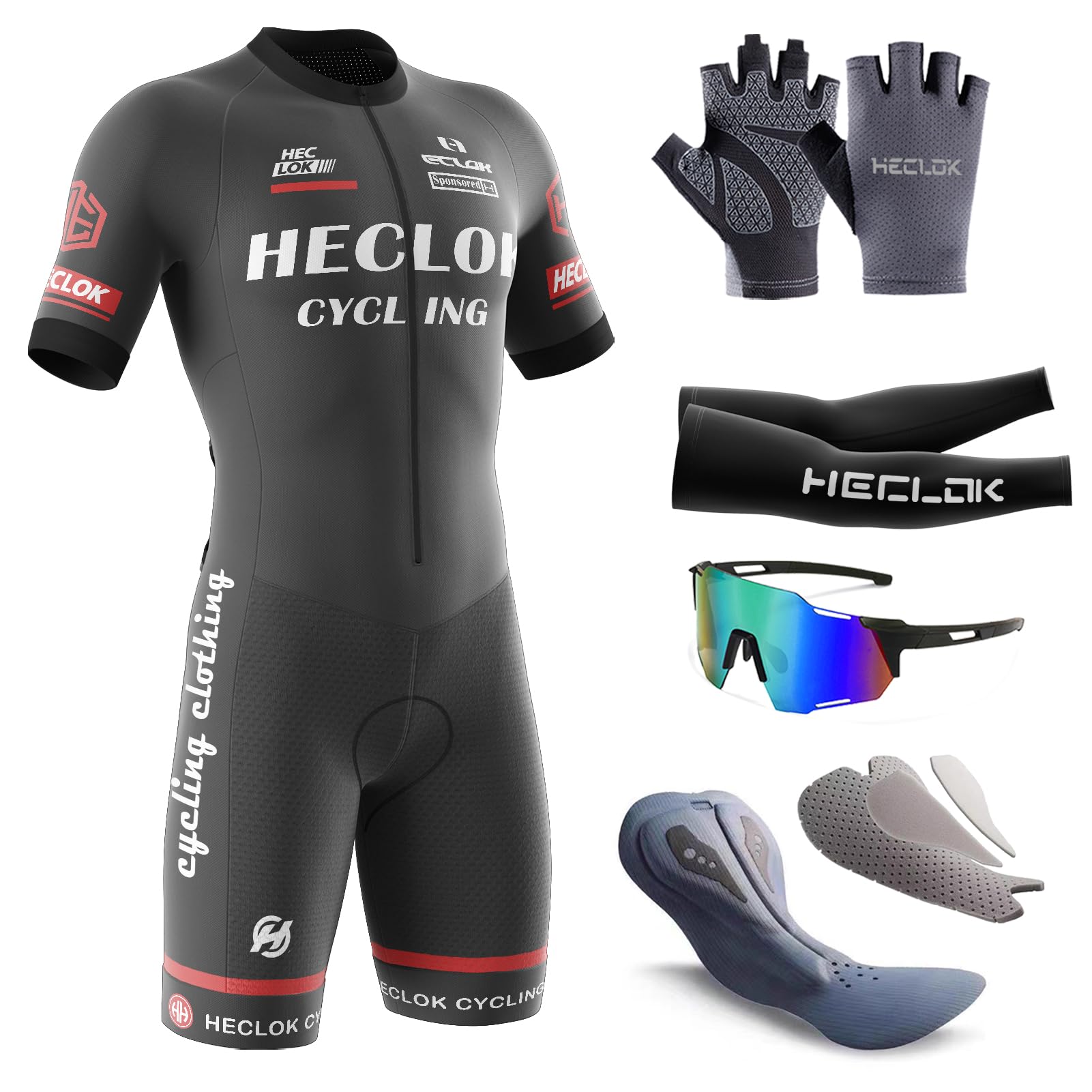 HECLOK Men's Cycling Skinsuit，One Piece Trisuit Bike Jumpsuit,Competition-Grade Handmade high-Density Sponge Padded，MTB Triathlon，Quick Dry Triathlon Suit，Short Sleeve One Piece Bodysuit (TYP-6,5XL)