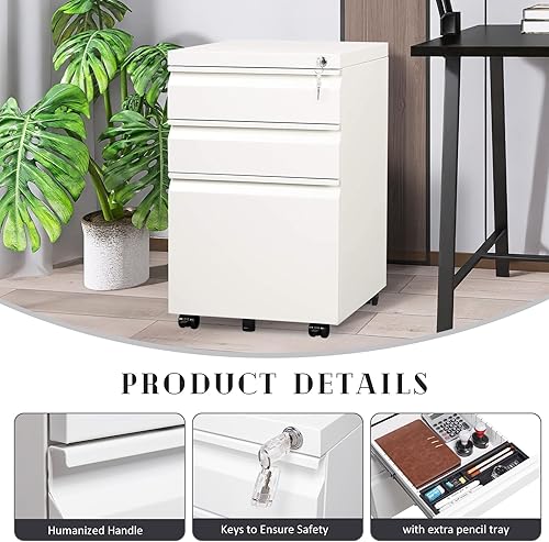 Miniatura 9 de SoarFlash Archivador de 3 cajones con cerradura, archivador de metal rodante para oficina en casa, debajo del escritorio, archivador móvil con