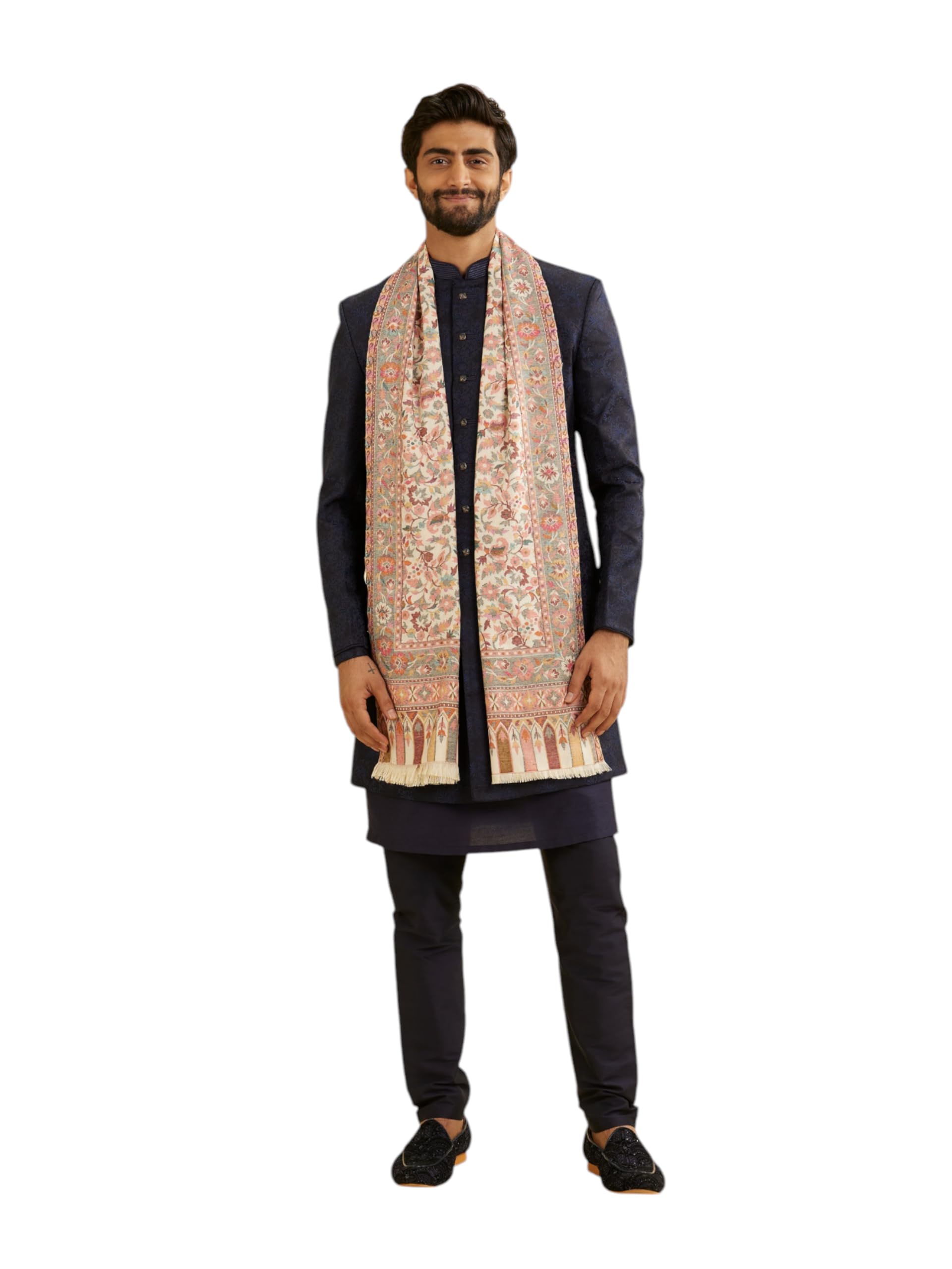 manyavar Men's Floral Vine Patterned Shawl with Paisley Motifs-picture-54
