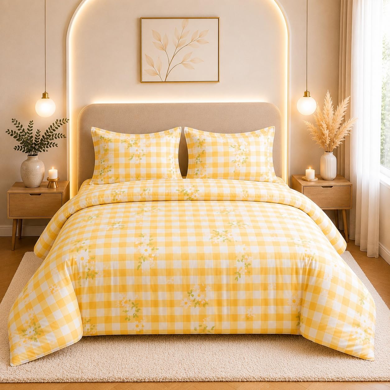 THE HOME STYLE Supersoft Glace Cotton Elastic Fitted All Around King Size Printed Double Bedsheet with 2 Pillow Cover & King Size Comforter/Duvet/Blanket (72"x78" + Comforter, Daisy Sunshine Check)