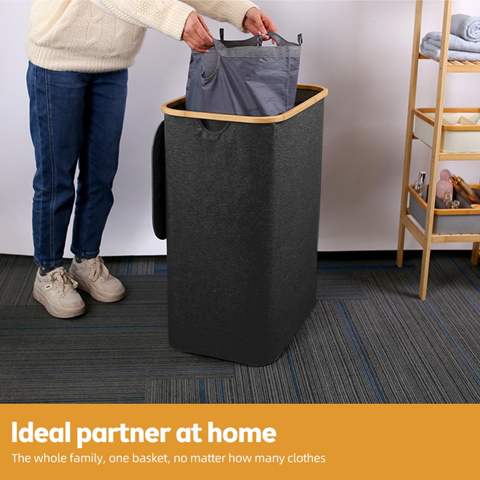 Cesto para la Colada Plegable, Cesto para la Colada de Gran Capacidad de 160 L con Tapa, Organizador de Ropa Sucia con 3 Divisores con Asas para el Hogar y los Viajes (Negra)