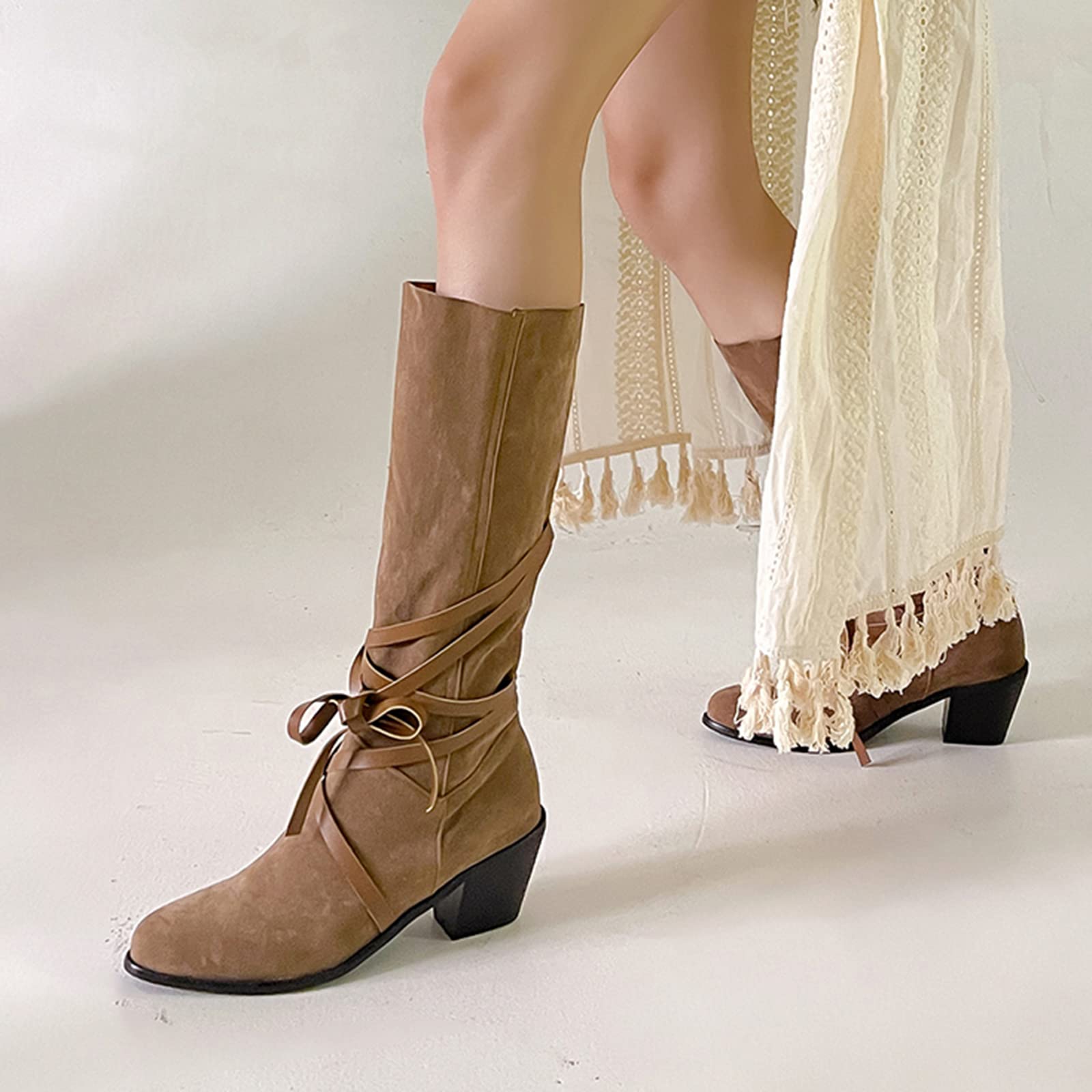 CUTEHEELS Damskie buty w stylu vintage, wsuwane na kolanach, wysokie i średnie łydki, z obcasami blokowymi i spiczastym noskiem, morela, 41 EU