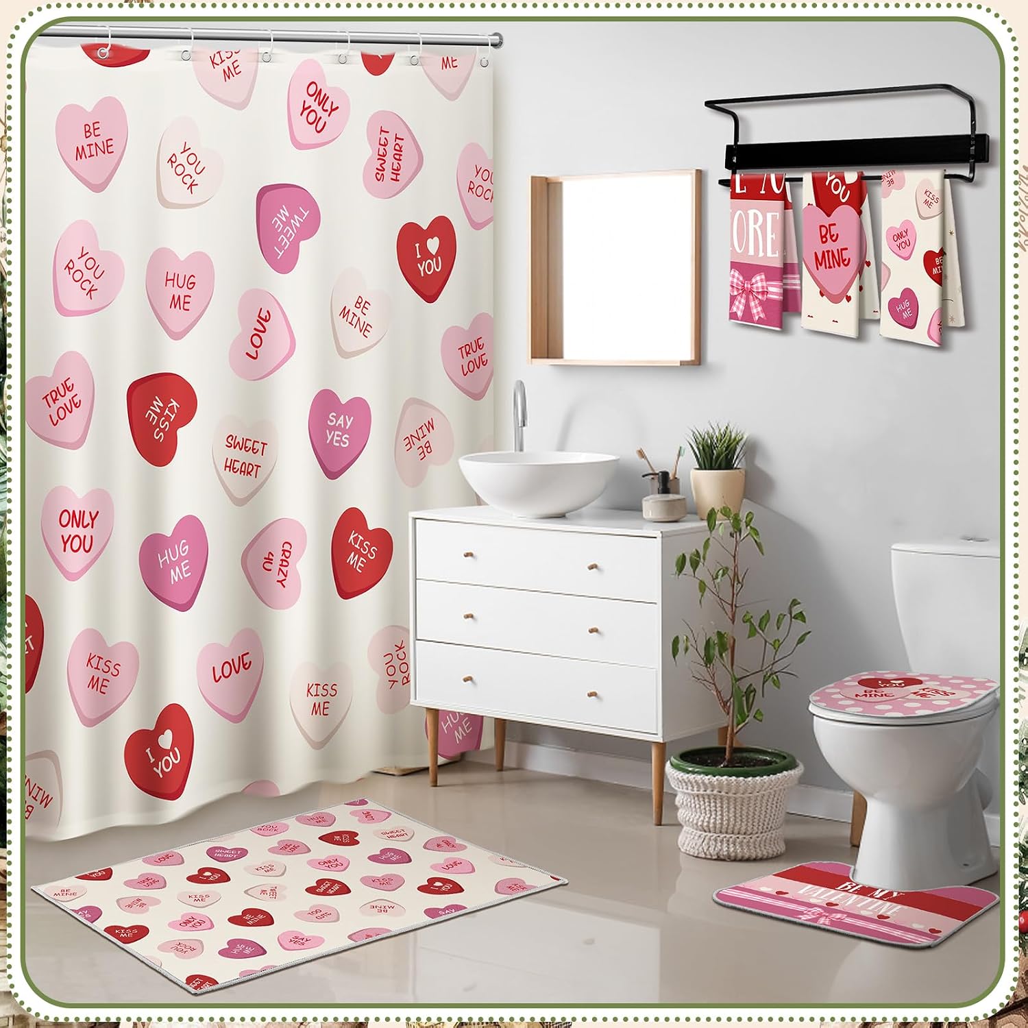 HunnmingRe 7 Pcs Valentines Day Bathroom Decor Valentine Shower Curtain Set Rustic Farmhouse Love Heart Waterproof Shower Curtain with Non Slip Rug Towel Toilet Lid Cover Bath Mat and 12 Hook for Home image 2