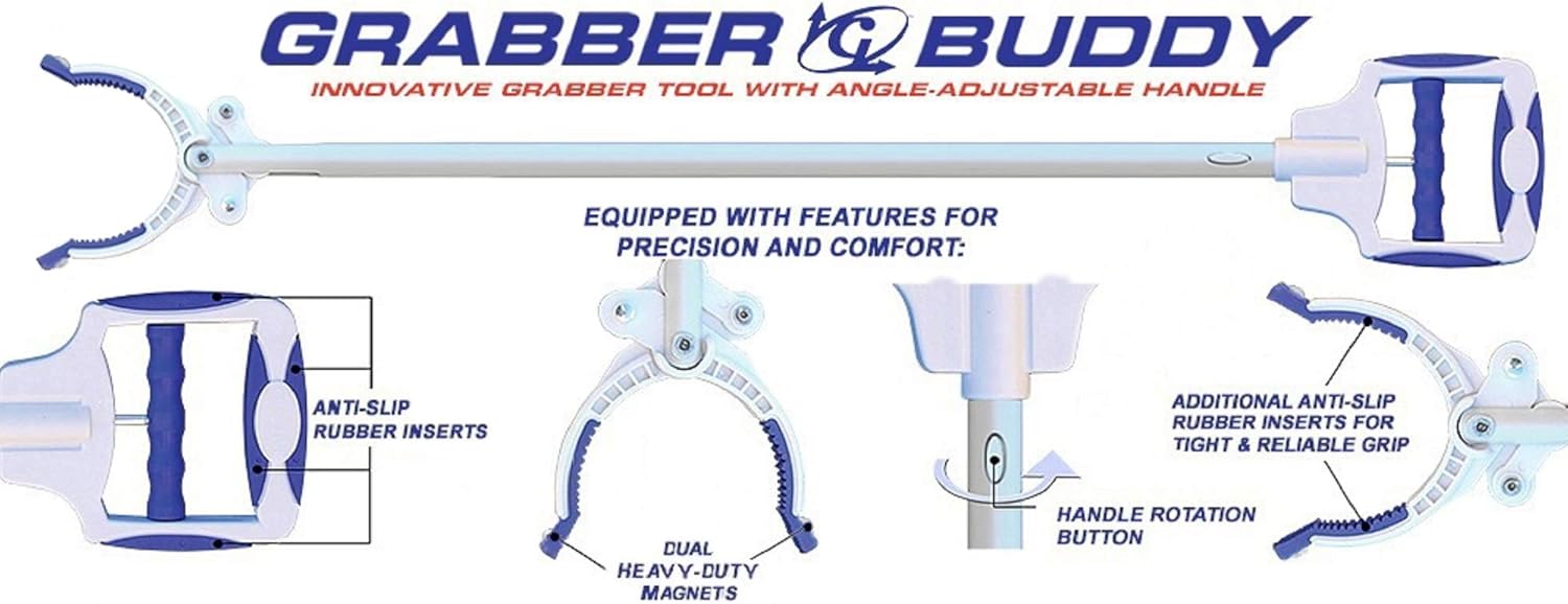 Детальний view of the GRABBER BUDDY Reacher Tool highlighting its features: anti-slip rubber inserts on the handle and jaw, dual heavy-duty magnets, and a handle rotation button.