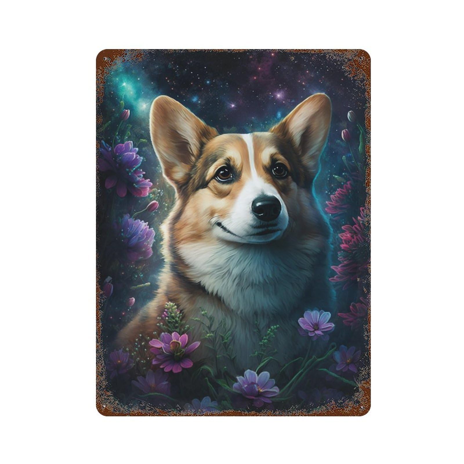 Magical Corgi Garden Art Print Rust Effect Tin Sign 15.7"x11.8", Rustic Home Decor for Garage, Pub Or Kitchen