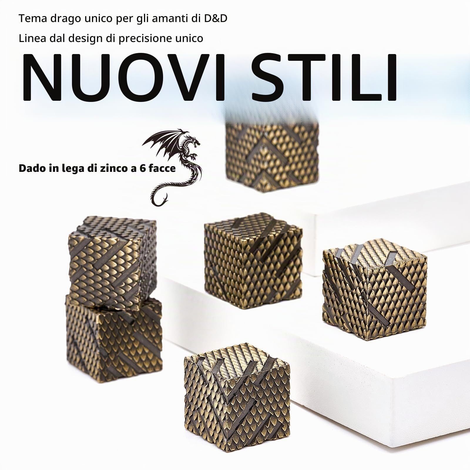 Set di dadi per D&D, 6 pezzi di dadi in lega di zinco dal design unico a squame di drago per Dungeons and Dragons, gioco da tavolo MTG DND Yahtzee (Ls-Bronze)