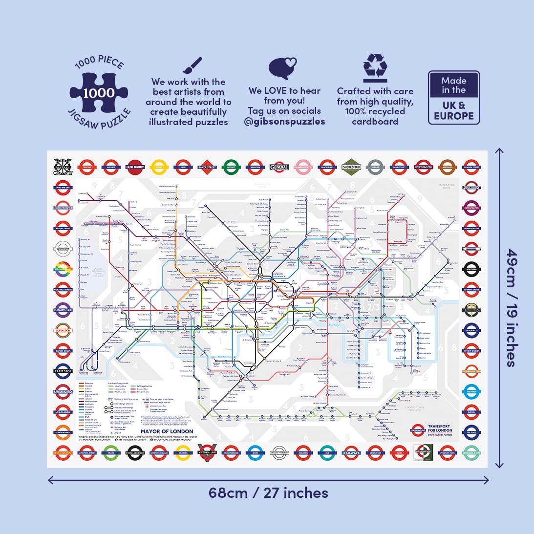 Puzzle da 1000 pezzi mappa della metropolitana di Londra | TFL | Prodotto nel Regno Unito | Puzzle durevole della metropolitana di Londra | Puzzle per adulti | Gibsons Games