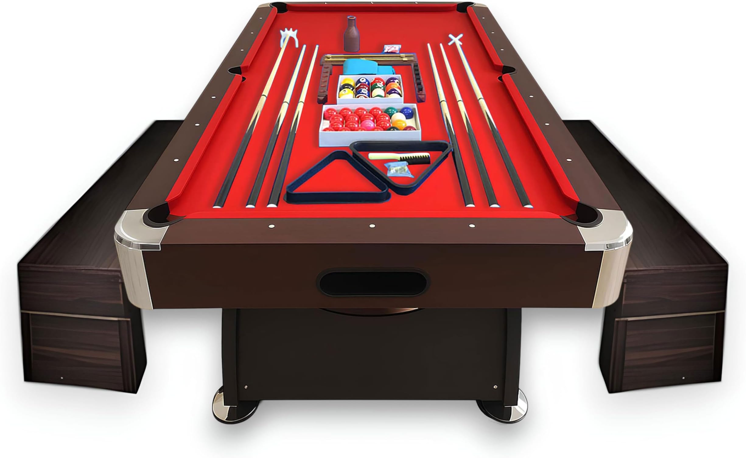 8 Foot Pool Table with Storage Benches Modern Billiard Table with Red Felt and Ball Return - Vintage Red