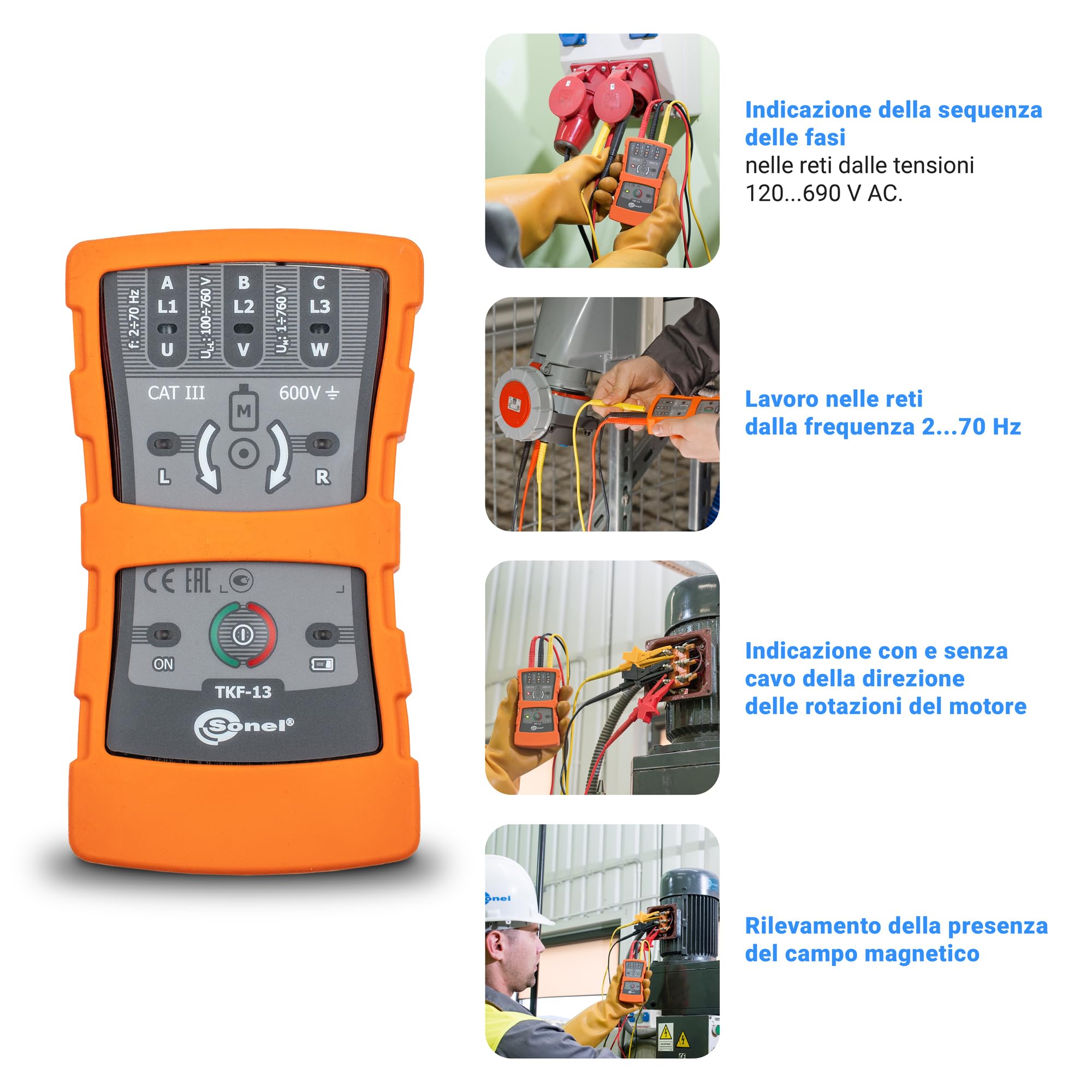 Image secondaire de SONEL TKF-13 Testeur de séquence de phases et de direction des rotations du moteur, lequence des phases dans les réseaux à parti