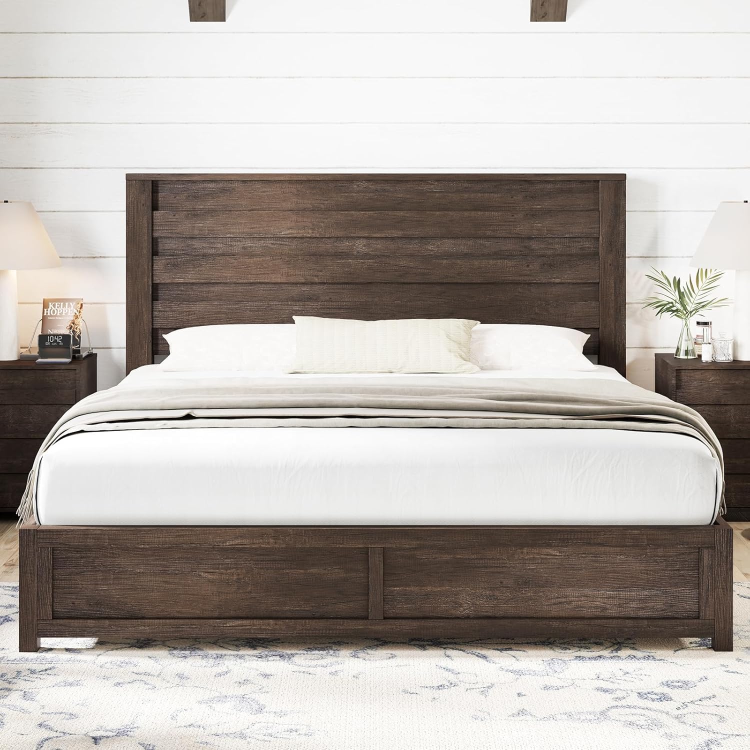 AMERLIFE Farmhouse King Platform Bed Frame with 49 Fluted Headboard Wooden Bed with Natural Grain Finish Noise-Free No
