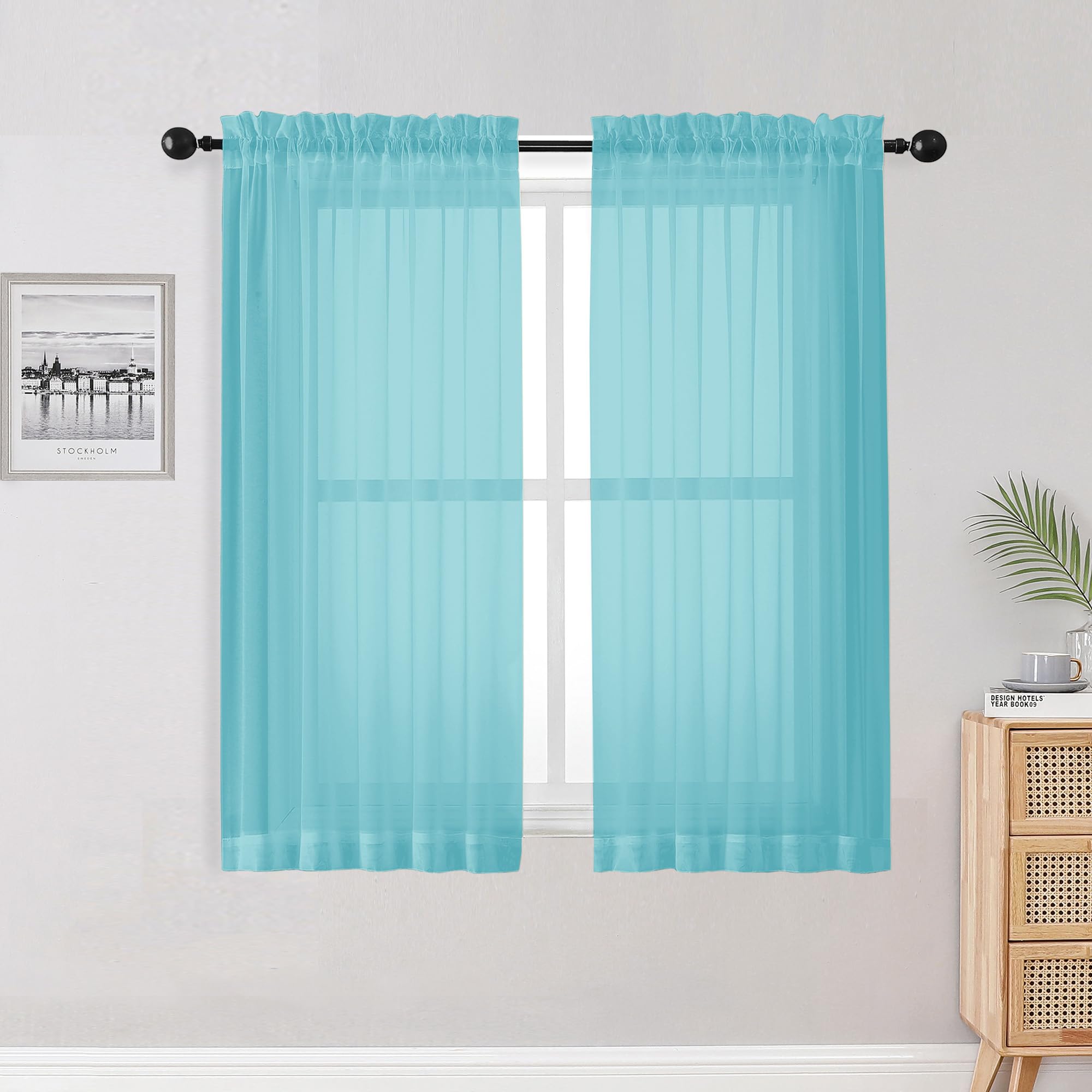 OWENIE Aqua Sheer Curtains for Bedroom Living Room 54 Inch Length 2 Panels Set, Soft Solid Light Filtering Sheer Short Curtains for Small Window, 2 Pcs Total 84 Width 54 Long, Aqua