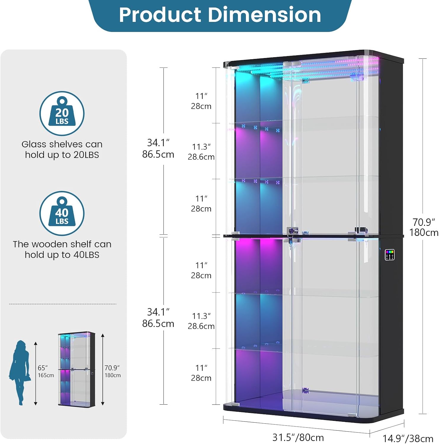 71" Tall Display Cabinet with Glass Doors, Rounded Curio Cabinet with Motion Sensor RGB Lights, 6-Tier Lockable Display Case for Collectibles & Action Figures, Trophy Case for Living Room,Black