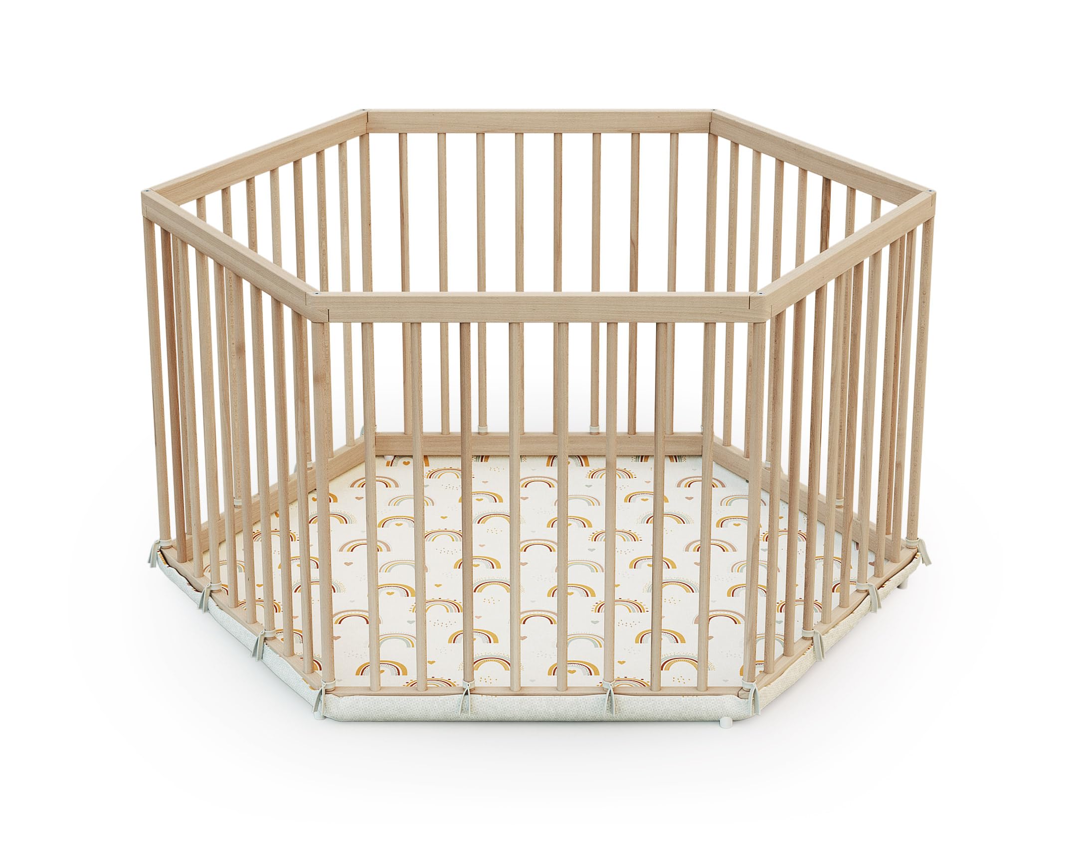 WEBABY - Parc bébé hexagonal en bois ALVEO avec fond textile - 125 x 106 x 65 cm