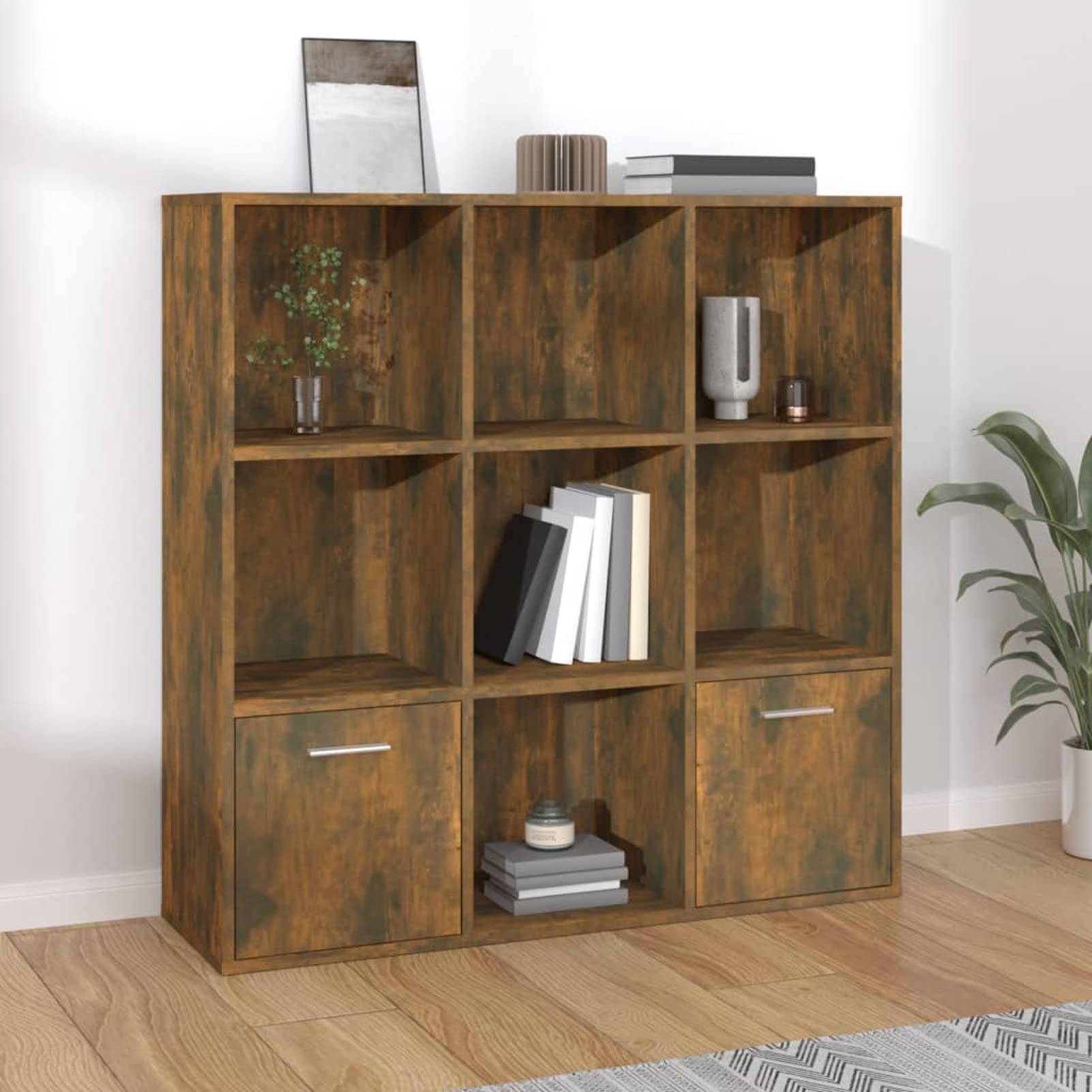 Tidyard Libreria da parete, divisorio per CD, DVD, divisorio con 7 cubi aperti, 2 porte, materiale in legno, legno di incenso, 98 x 30 x 98 cm