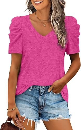 Xieerduo Camisa de verano para mujer, con cuello en V, mangas abombadas y de color liso, talla S-3XL