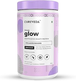 Cureveda Glow Chocolate Vegan Plant based Collagen Builder with Irish Sea Moss Adaptogenic Beauty Protein (Pack of 300 gm powder)