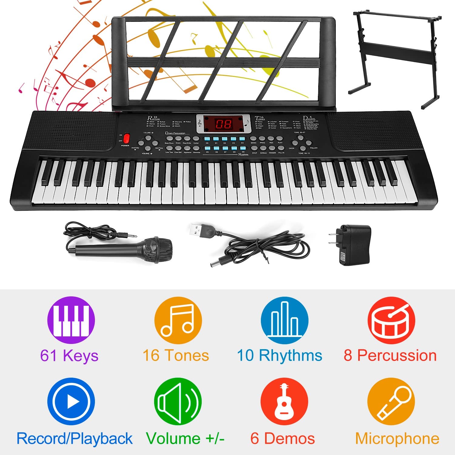 KOCASO Piano Keyboard Electronic Piano Keyboard 61 Keys with Microphone Digital Music Keyboard Piano Instrument Learning Keyboard with Music Stand Keyboard Sticker For Beginners Girls Boys