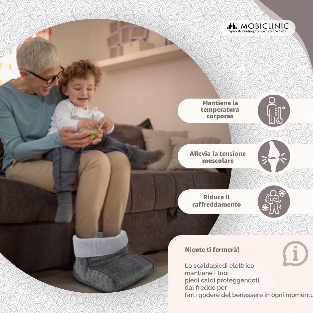 Mobiclinic, Scaldapiedi elettrico, Lana e pile, Marchio europeo, Consumo molto basso, Spegnimento automatico, Fodera interna facilmente lavabile, 3 livelli di temperatura, 30 x 24 cm, Grigio