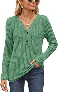 Akiooue Womens Long Sleeve Tops Casual V Neck Jumpers Ladies Solid Lightwight Knit Tunic with Button