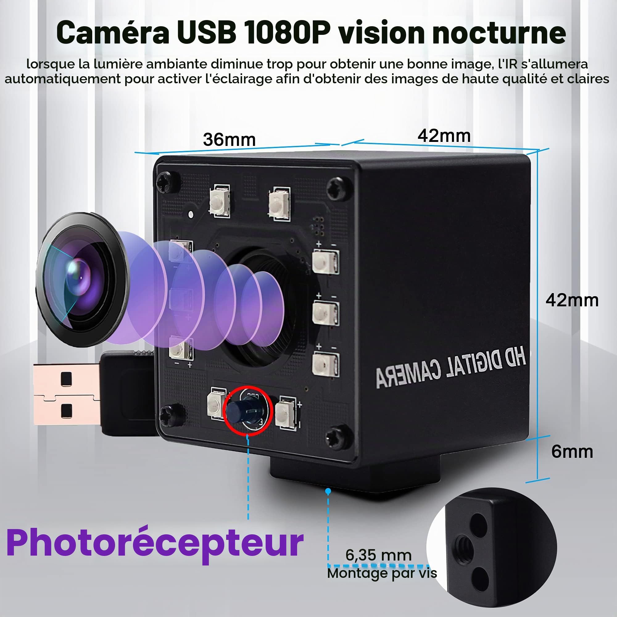 Svpro 1080P Caméra de Vision Nocturne Fisheye USB CMOS OV2710 IR LED Webcam Infrarouge Avec IR Cut HD Surveillance de Sécurité Domestique et Projets Industriels Intégrés