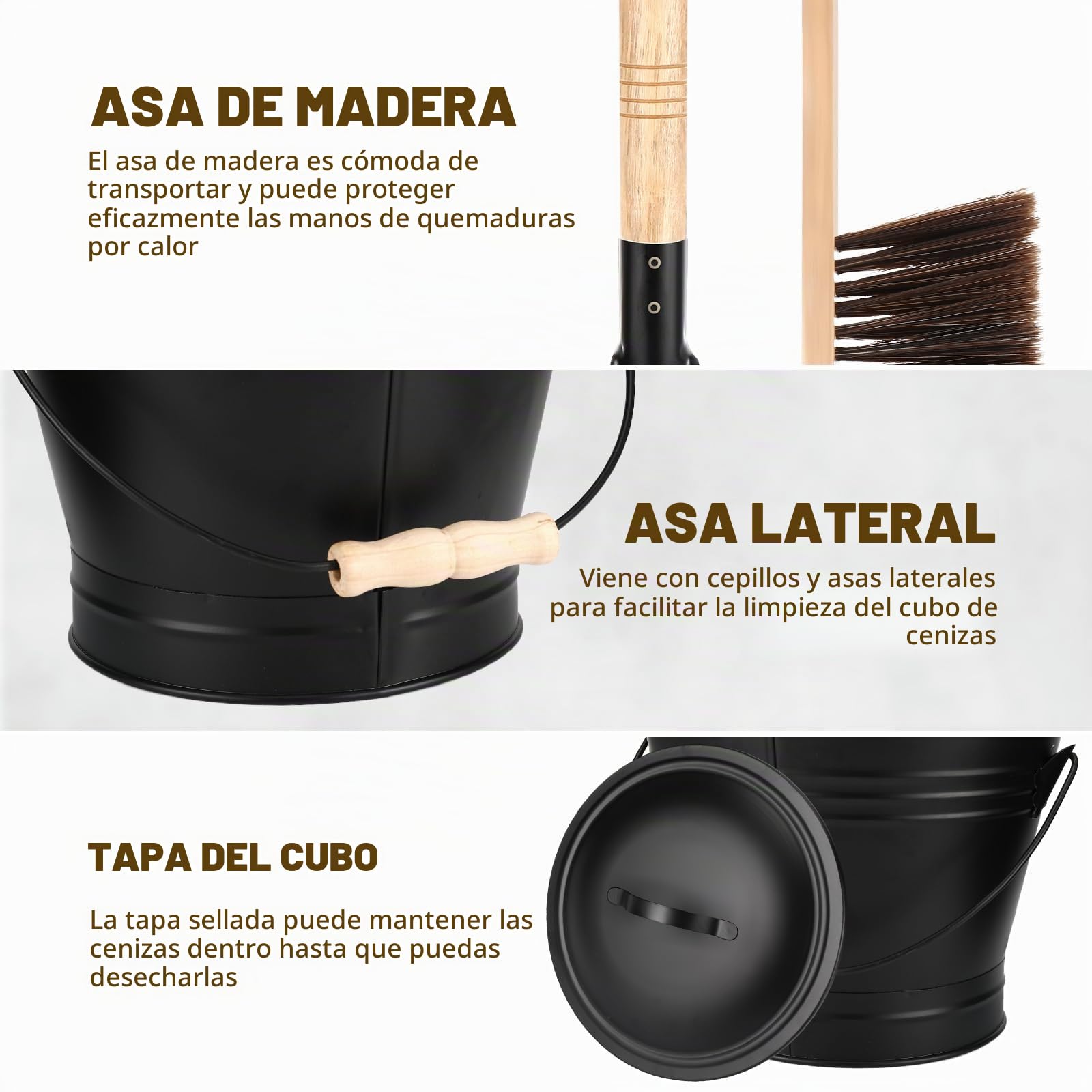 Cubo Tapa, 6L Cubo Cenizas con Tapa, Accesorio Chimenea con Pala, Escoba, Cubo de Cenizas de Metal para chimeneas, Estufas de leña, Carbón y Ceniza