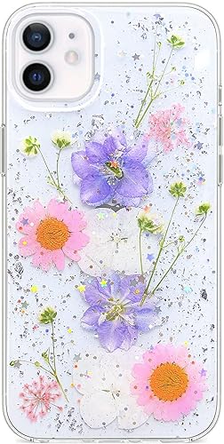 Miniatura 8 de Abbery Diseñada para iPhone 11 - Funda de flores prensadas, bonita y brillante con diseño de silicona suave de poliuretano termoplástico secas,