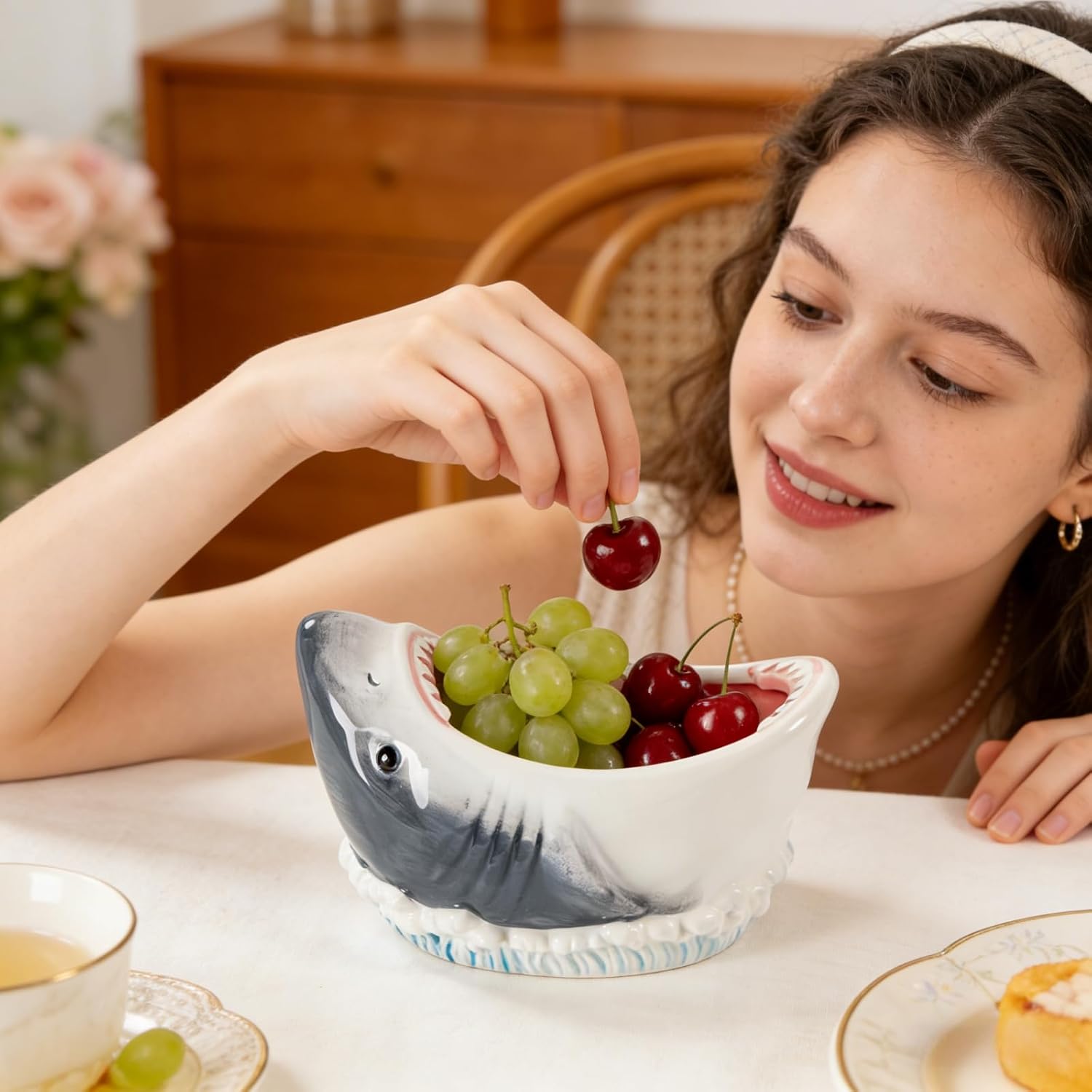 Ceramic Shark Bowl Open Mouth Shark Head Shaped Candy Snack Dish for Storage and Organization