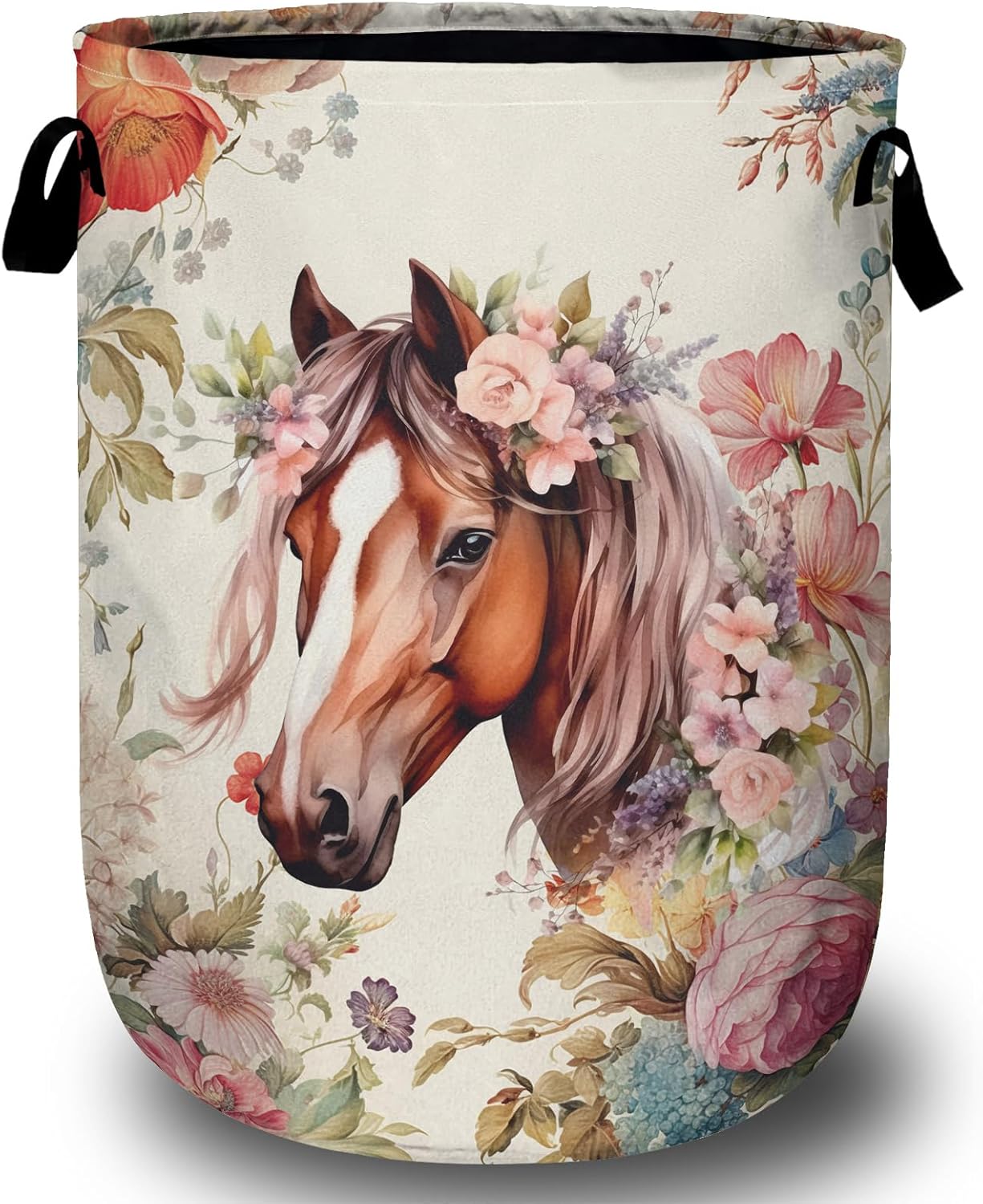 Pink Flower Horse Laundry Basket with Sturdy Handles, Floral Animal Collapsible Oxford Cloth Laundry Hamper Organizer Basket for Bathroom Bedroom 15.7x20 Inch