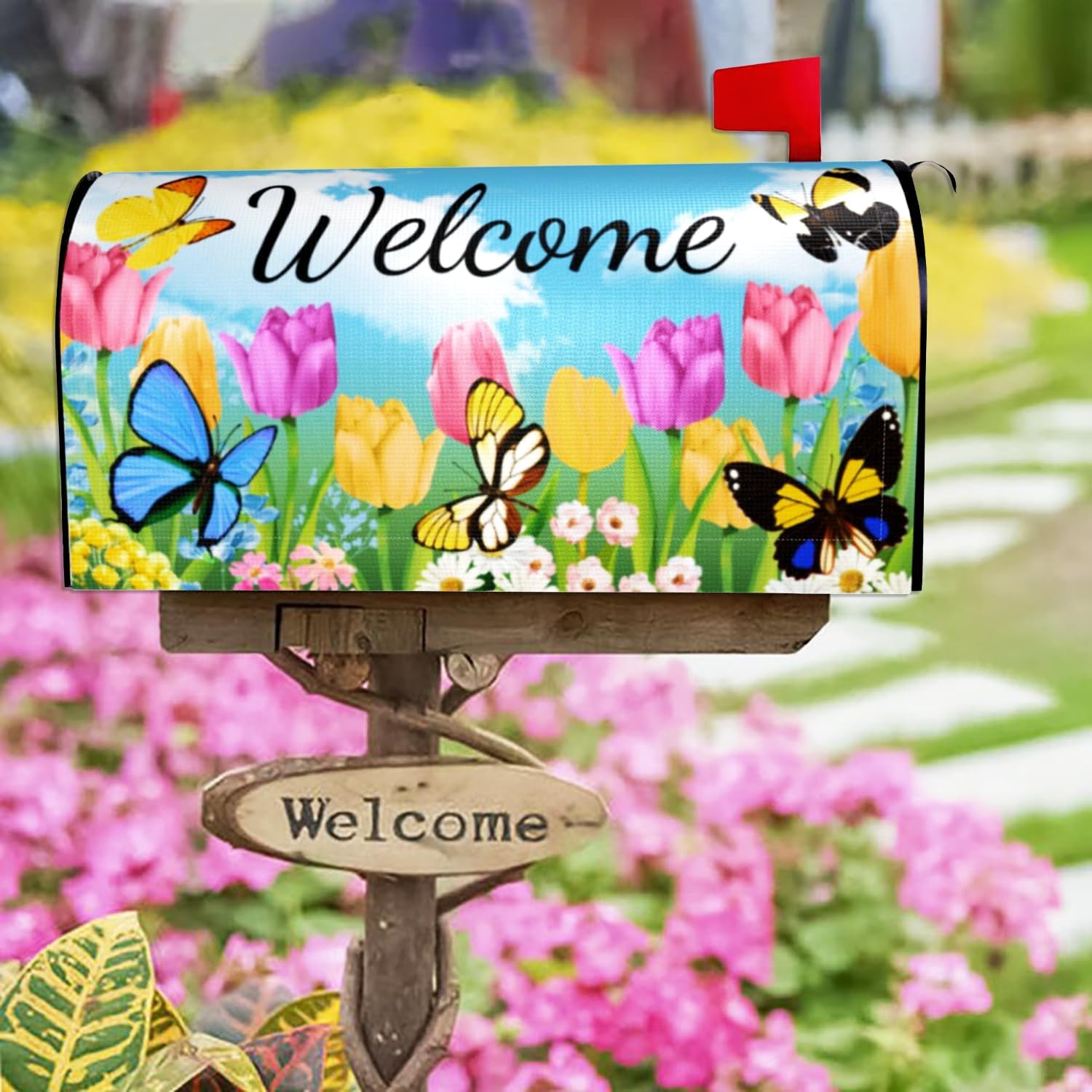 Summer Spring Flowers Mailbox Cover Magnetic Welcome Tulip Butterflies Mailbox Wraps Post Letter Box Cover for Garden Yard Home Decor Standard Size 21" x 18"