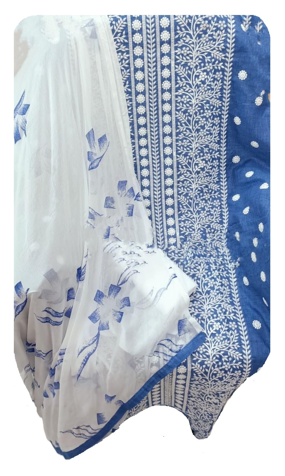 Traditional Cotton Dress Material, Denim Blue and White, Floral Embroidered Pattern-image-15