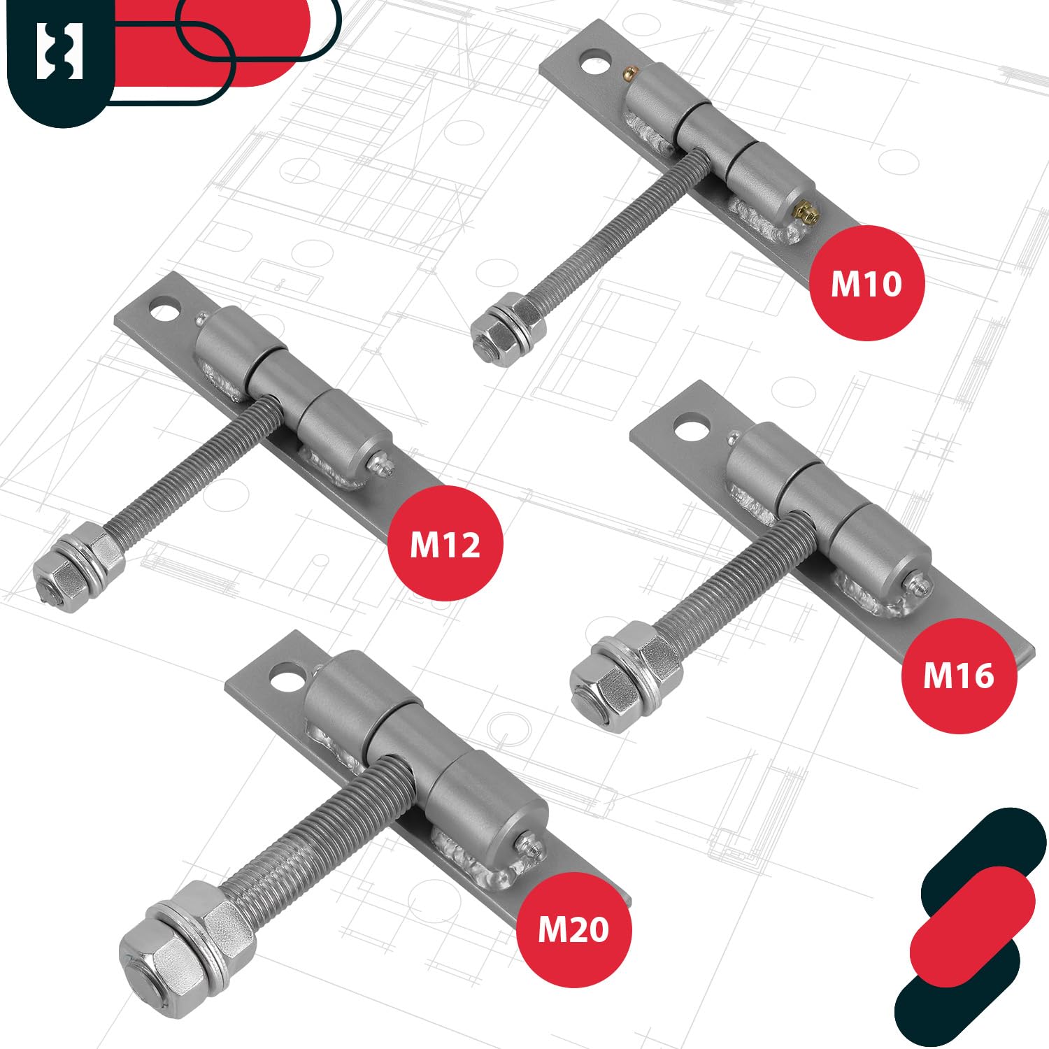 KOTARBAU® - Set di 2 cerniere per cancelli con piastra di montaggio e ugelli per grasso, regolabili, diametro 16 mm, per porte, cancelli, costruzione robusta