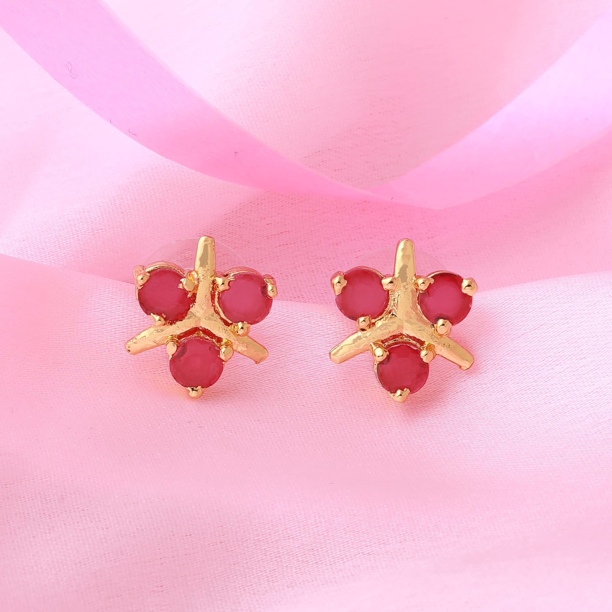 24Kt Plated Stone-Studded Floral Stud Earrings with Ruby CZ