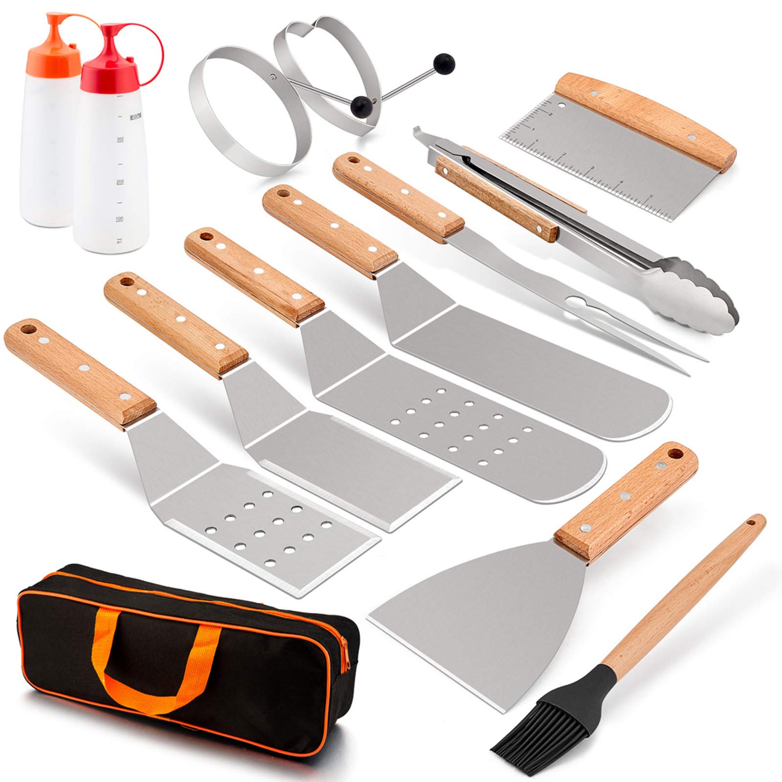 HaSteeL Griddle Accessories Kit 14 PCS, Metal Griddle Spatula Set with Carrying Bag, Stainless Steel Grill Spatulas/Scrapers/Tong/Meat Fork/Brush/Egg Rings/Bottles for Teppanyaki BBQ Flat Top Cooking