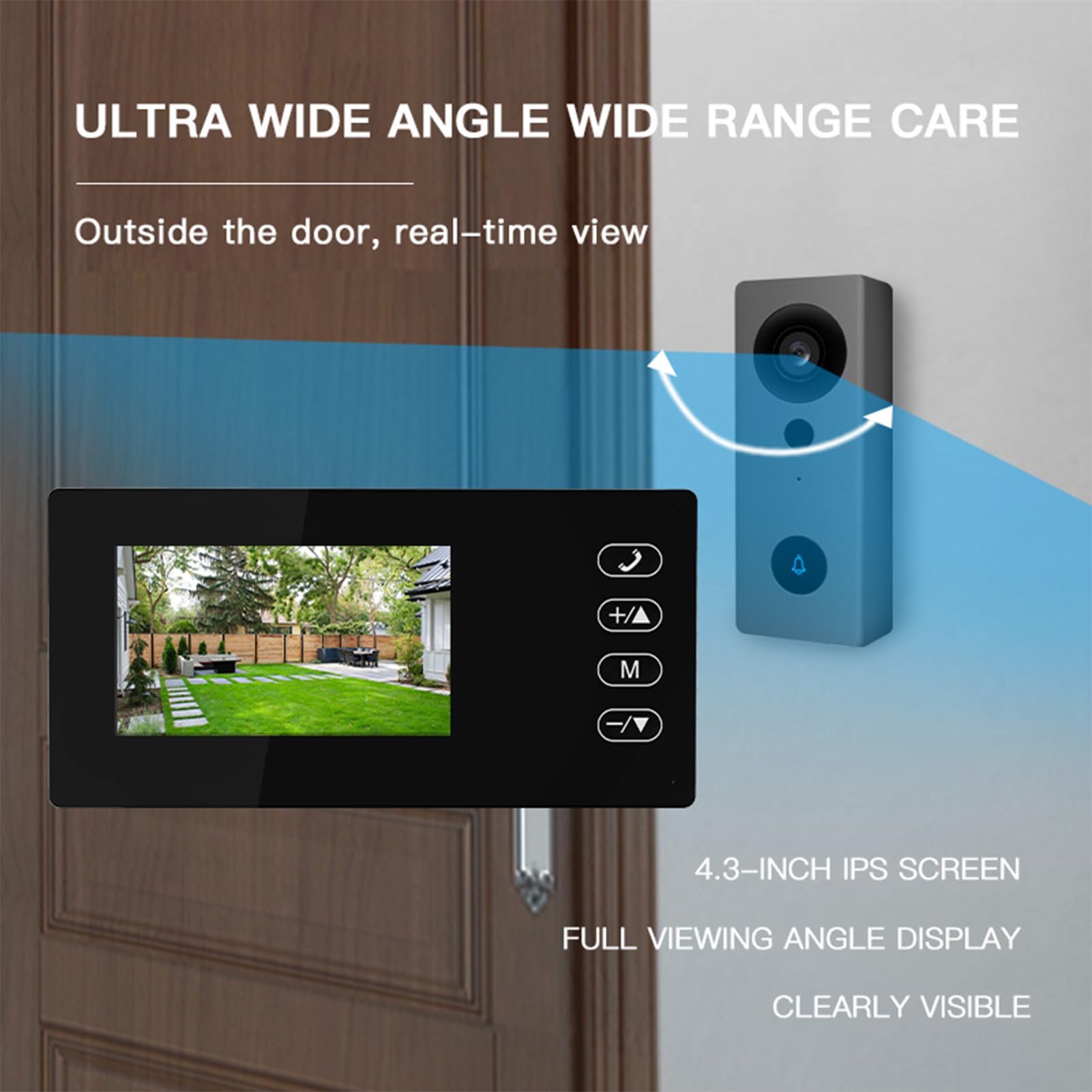 Cámara de Timbre de Video Inalámbrica 2.4G con Pantalla de Visualización Kits de Cámara de Videoportero con Pantalla IPS de 4.3 Pulgadas Visualización Nocturna Intercomunicador (Negro)