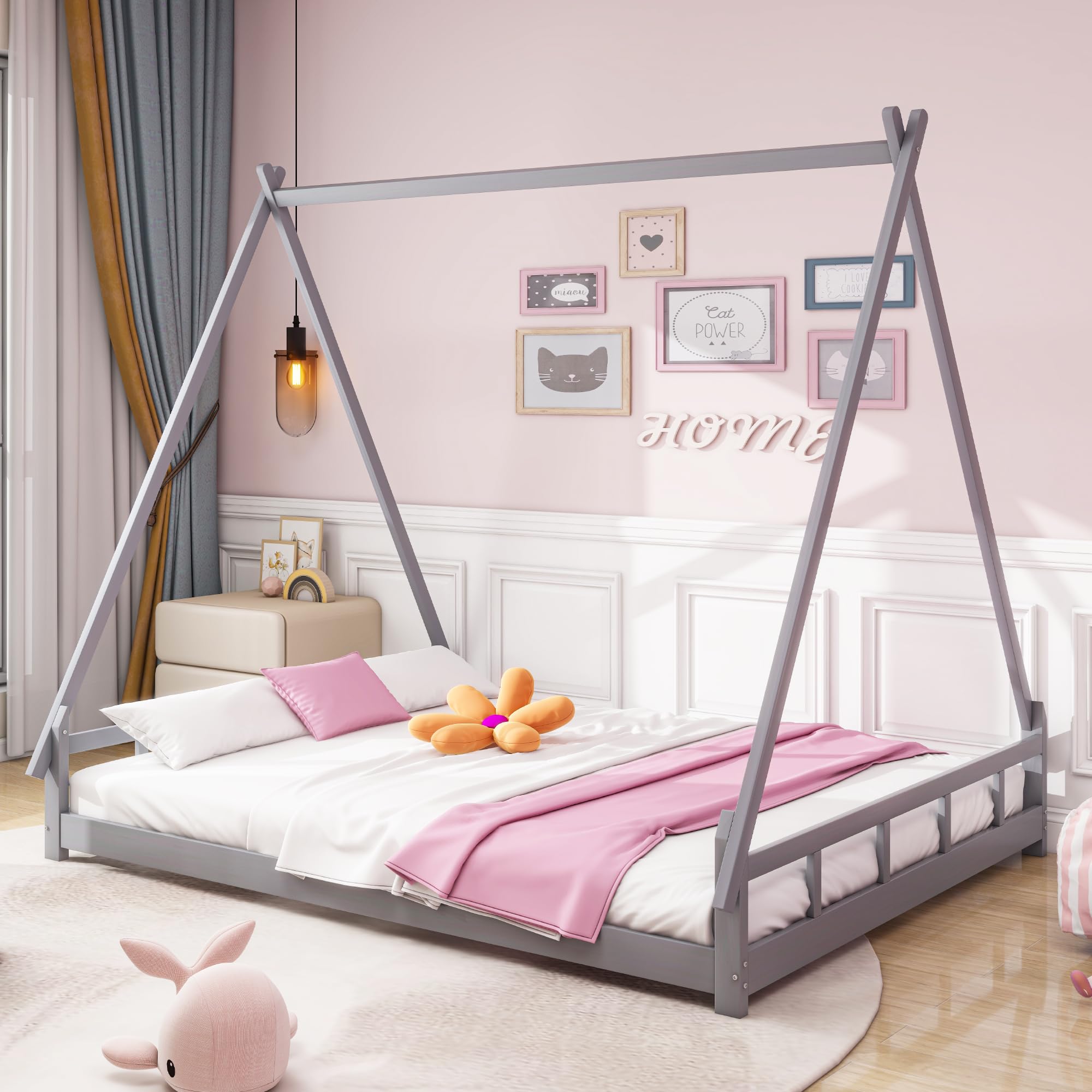 YESGIGA Massivholz Kinderbett 140x200 cm, Zeltbett, Hochbett, Jugendbett, Eltern-Kind-Bett, Massivholzbettgestell (Grau) Küche, Haushalt & Wohnen