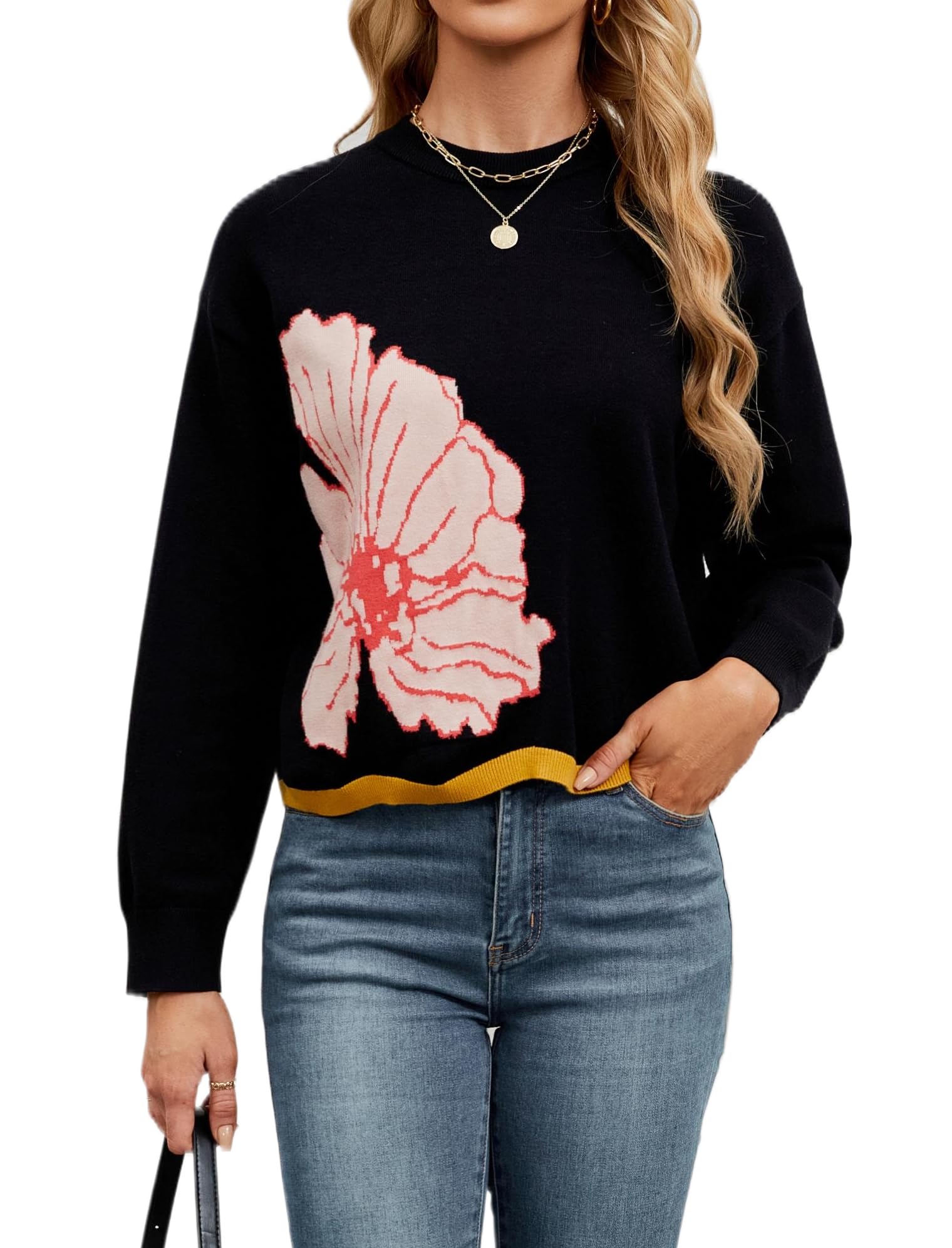 Women's Floral Printed Crewneck Sweater Cropped Long Sleeve Ribbed Knit Pullover Jumper Tops