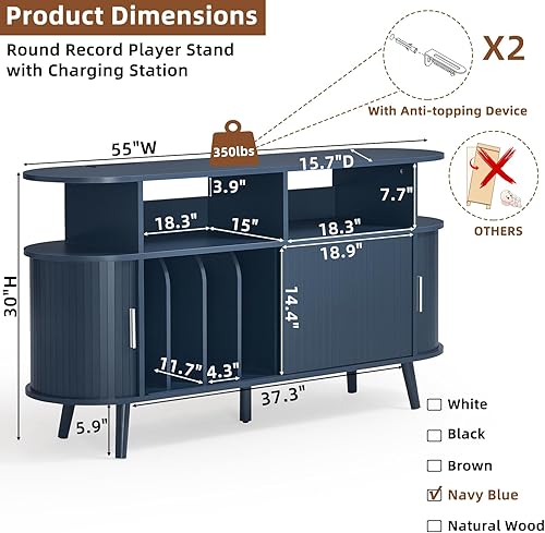 Miniatura 2 de LELELINKY Soporte redondo grande para tocadiscos con estación de carga y panel estriado, gabinete giratorio moderno de mediados de siglo azul con