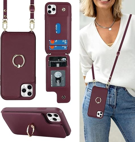 Funda para iPhone 11 Pro con tarjetero y correa para mujer, cordón cruzado, soporte de anillo con soporte, cierre a presión, fundas tipo cartera