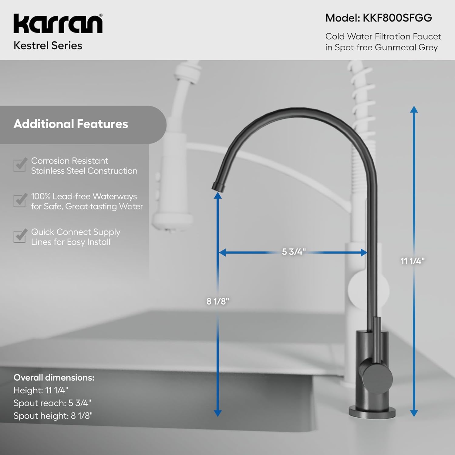 Karran Kestrel Single-Handle Filtered Water Faucet in Gunmetal Grey 100% Lead-Free Brass, RO/Filtration System Ready, 360° High-Arc Spout, Spot-Free Finish Beverage Faucet (Spot Free Gunmetal Grey)