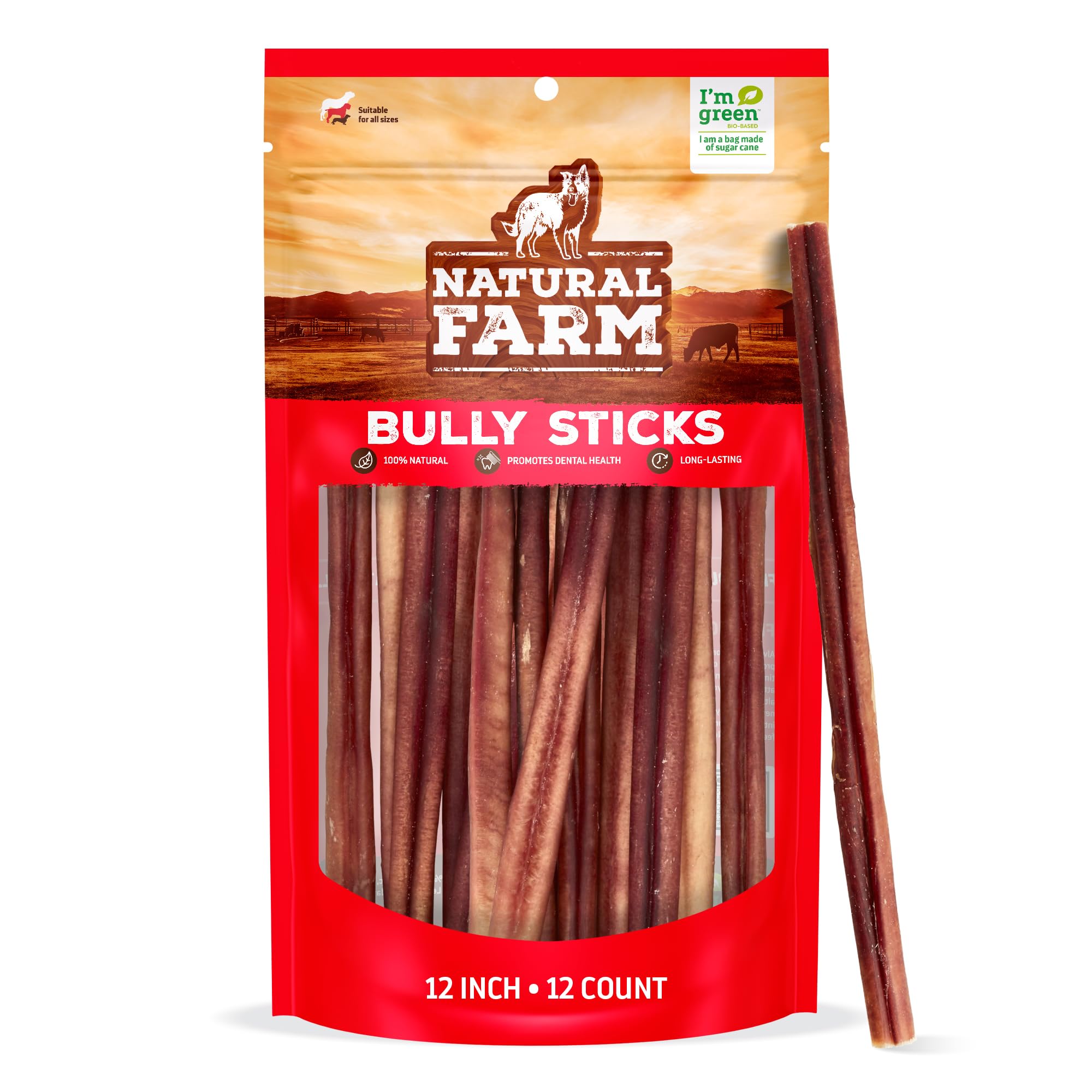 Natural Farm Odor-Free Bully Sticks (12 Inch, 12 Pack), 1.2 lbs. Per Bag, 100% Beef Pizzle Chews, Grass-Fed, Non-GMO, Fully Digestible Long Lasting Best Dental Treats to Keep Your Dogs Busy