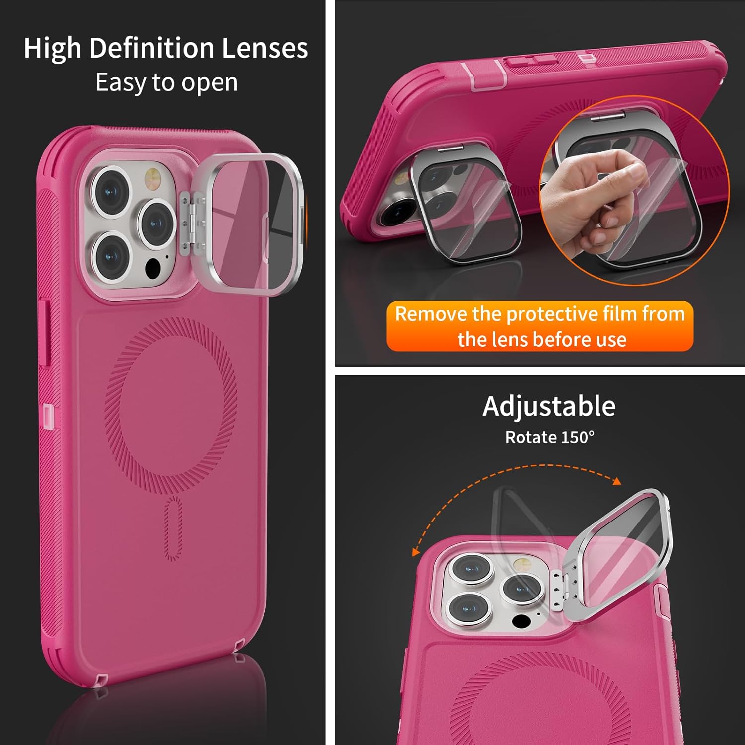 for iPhone 14 Pro Max Case with Stand & Built-in Camera Cover, MagSafe Compatible, Heavy-Duty Shockproof Protection, Magnetic & Rugged Phone Cover for iPhone 14 Pro Max 6.7'', Hot-Pink - Image 7