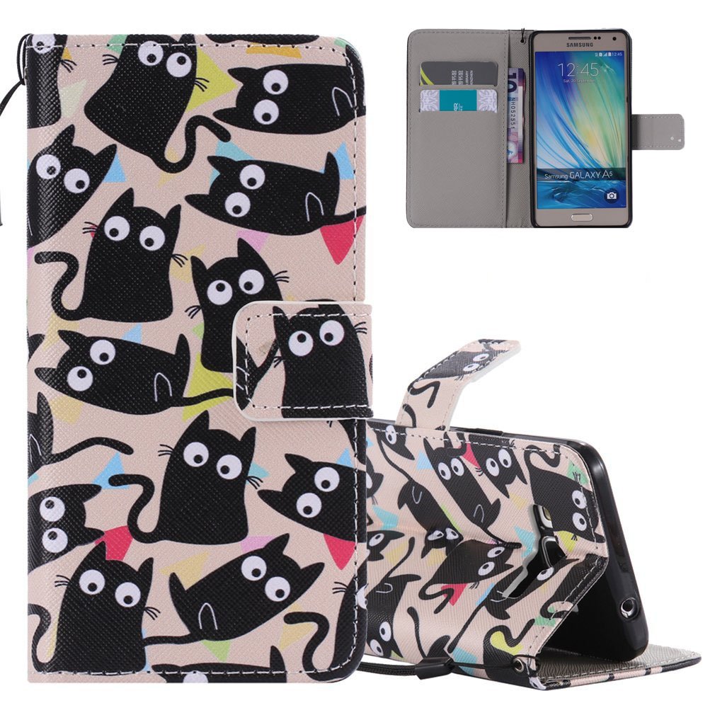 EMAXELERSEMAXELERS Galaxy A5 2015 Case Elegant Retro Anime Flower Pattern Pu Leather Flip Wallet Stand Case Shockproof Design Slim Protective Case Cover for Samsung Galaxy A5 (2015),Many Black Cartoon Cats